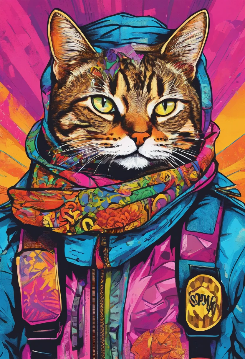 a painting of a cat wearing a hat and scarf, trending in the art station, dressed in punk clothes, detailed hyper realistic rendering, british gang member, street style, intimidating pose, planet of the cats, clothes with fashion, urban samurai, meow, west slavic features, 8 1 5, animations