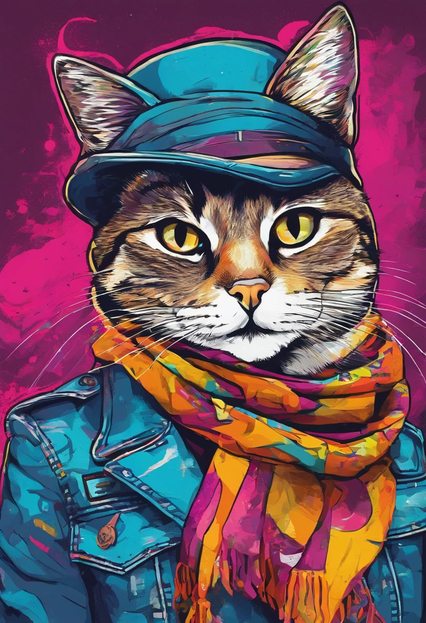 a painting of a cat wearing a hat and scarf, trending in the art station, dressed in punk clothes, detailed hyper realistic rendering, british gang member, street style, intimidating pose, planet of the cats, clothes with fashion, urban samurai, meow, west slavic features, 8 1 5, animations