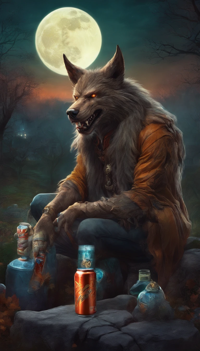 A photo of a werewolf drinking a can of energy drink, cemetery background, dark and horror atmosphere, full moon, intricate details, cinematic light, dramatic colors, ultrarealistic, ultradetailed, 8k