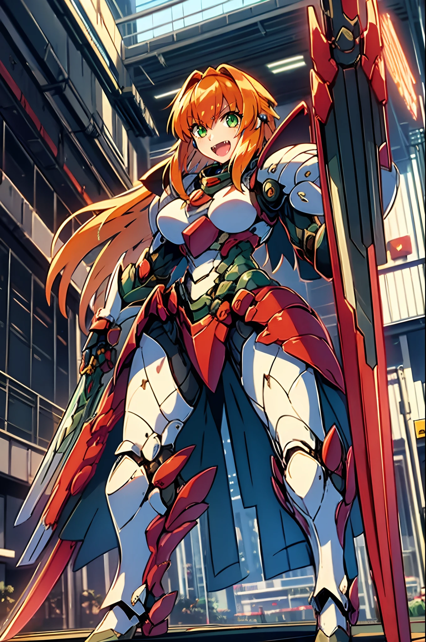 excel, orange hair, smile, fang, open mouth, green eyes,standing, medium breast, pants, pullover, , full body,knight armor, armore, sword holding, fantasy cyberpunk city magic