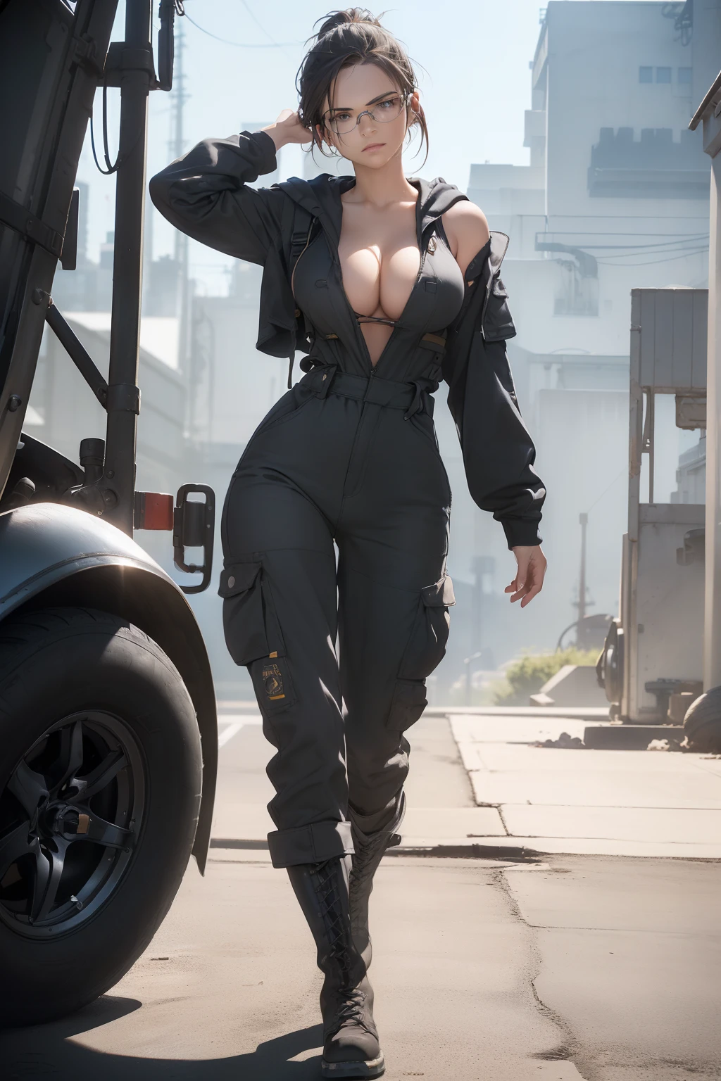 ((masterpiece, best quality, cinematic, photorealistic, ultra-detailed)), ((wide shot, front view, full body view:1.5)), ((perfect ???????, perfect eyes, perfect hands, large cleavage, round legs, round ass:1.2)), ((female mechanic)), ((a durable charcoal gray jumpsuit with a detachable hood, adjustable waist, embroidered patches, and additional leg pockets for tools)), ((steel-toed work boots, safety glasses, and ear protection)), ((shoulder-length hair pulled back into a neat ponytail under the hood)), ((sensual pose)), ((dynamic background))
