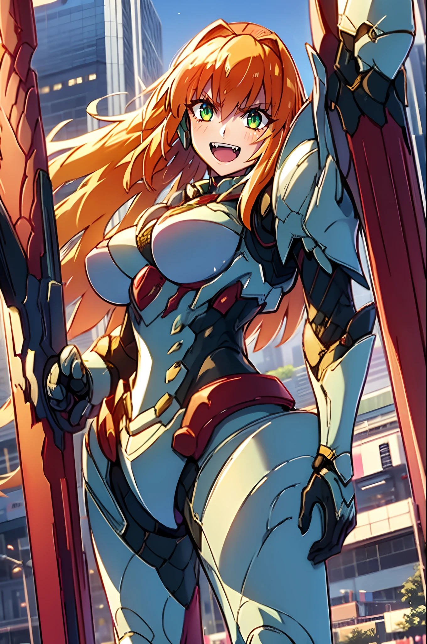 excel, orange hair, smile, fang, open mouth, green eyes,standing, medium breast, pants, pullover, , full body,knight armor, armore, sword holding, fantasy cyberpunk city magic