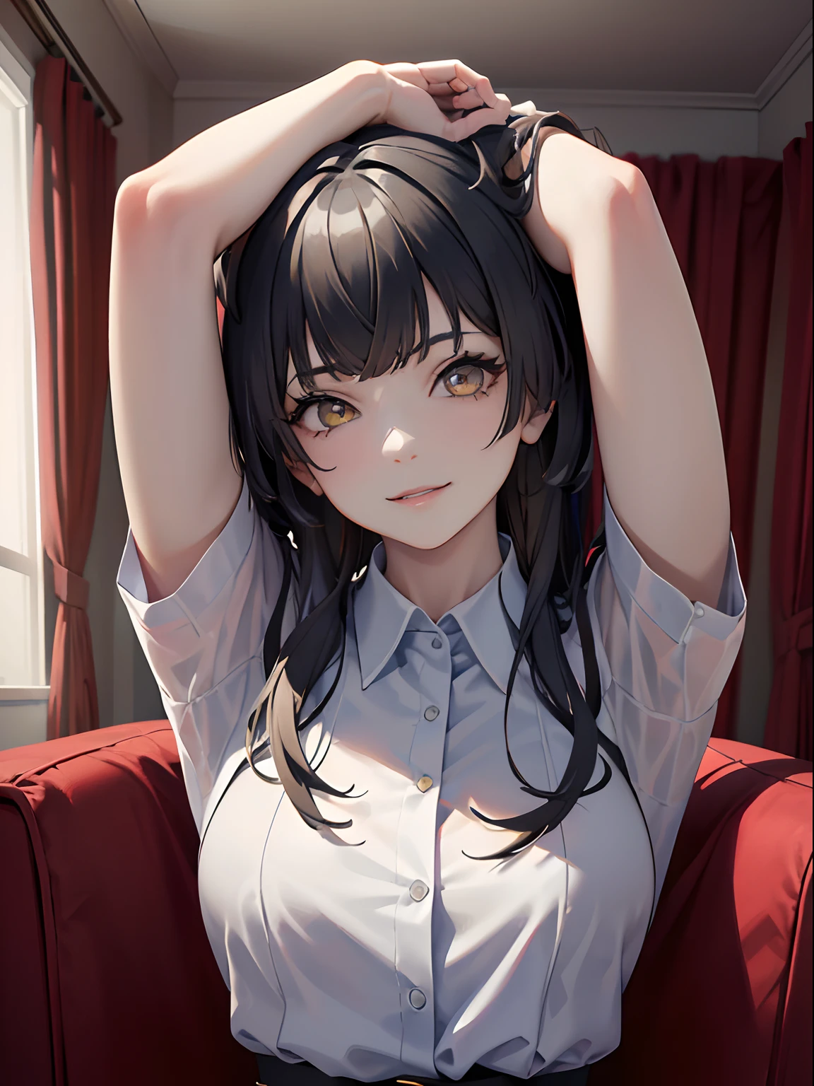 masterpiece, best quality, NSFW, 1girl, black hair, ,yellow eyes, white collared shirt, living room, smiling, arms up, detailed eyes, detailed facial features, realistic and high resolution (best quality, 4k, 8k, highres, masterpiece:1.2).