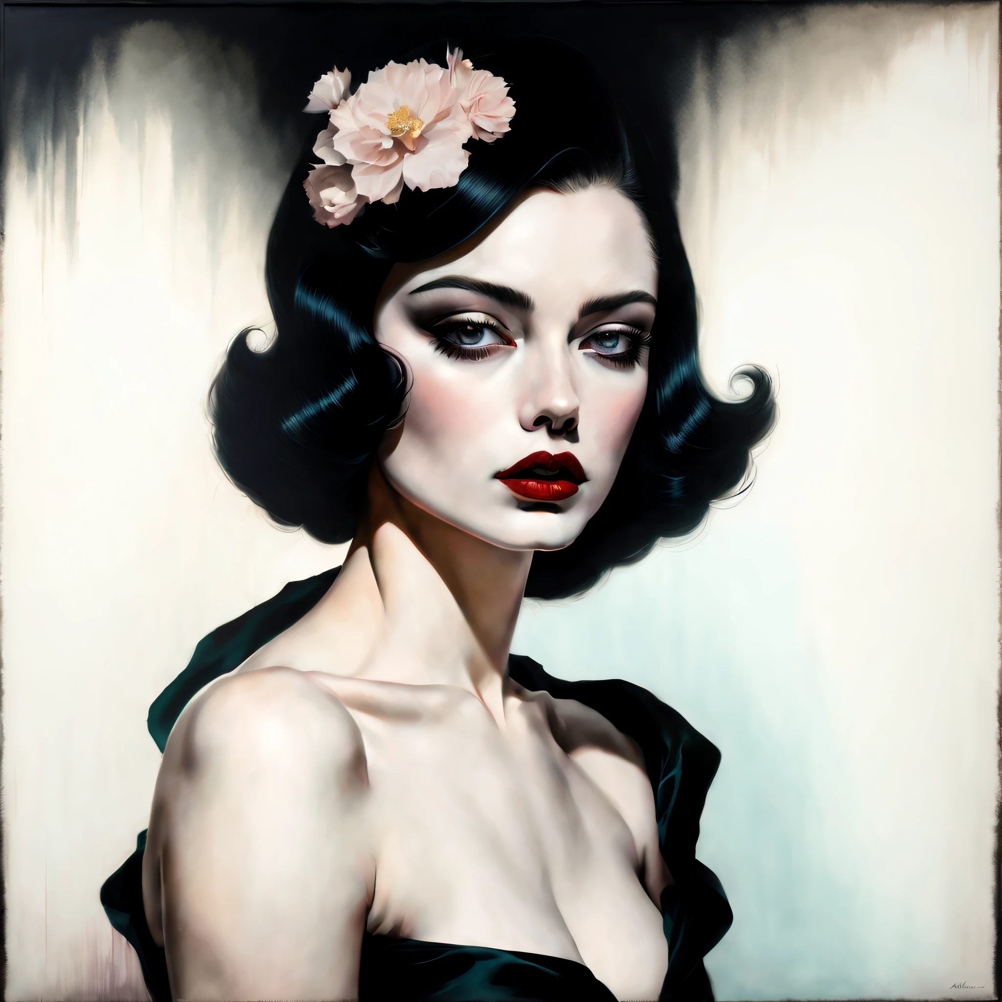 chiaroscuro technique on sensual illustration of an elegant woman, vintage beauty, eerie, very matte painting, by Hannah Dale, by Harumi Hironaka, extremely soft colors, vibrant, highly detailed, malcolm liepke painting, oil on canvas, high contrast, dramatic, refined, tonal, Create high contrast between light and shadow
