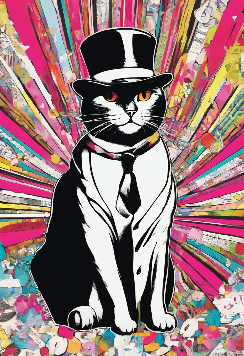 A painting of a cat wearing a black hat and scarf，Popular at art stations，Wearing a black suit，Detailed hyper-realistic rendering，British gang members，Street style，intimidating pose，planet of cats，Stylish clothes，urbansamurai，Mewtwo，West Slavic features，8 1 5，Animate