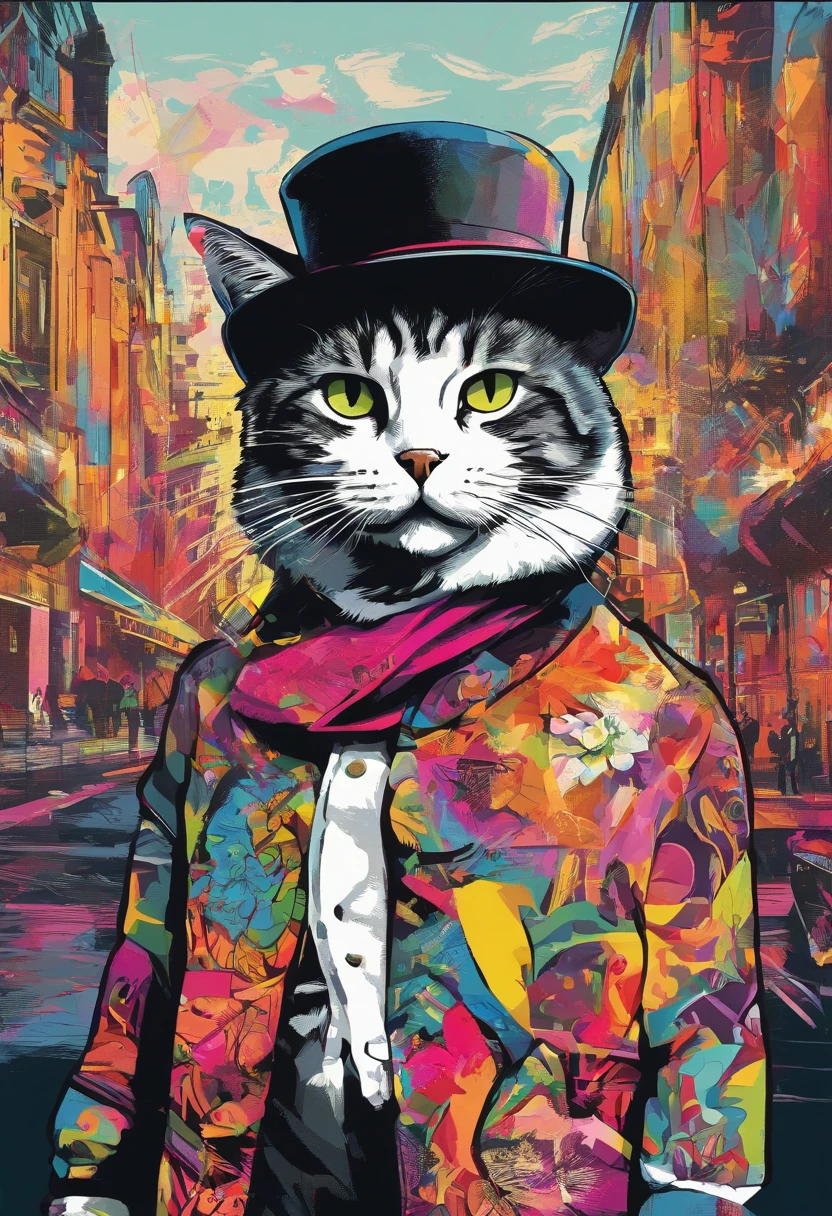 A painting of a cat wearing a black hat and scarf,Popular at art stations,Wearing a black suit,Detailed hyper-realistic rendering,British gang members,Street style,intimidating pose,planet of cats,Stylish clothes,urbansamurai,Mewtwo,West Slavic features,8 1 5,Animate