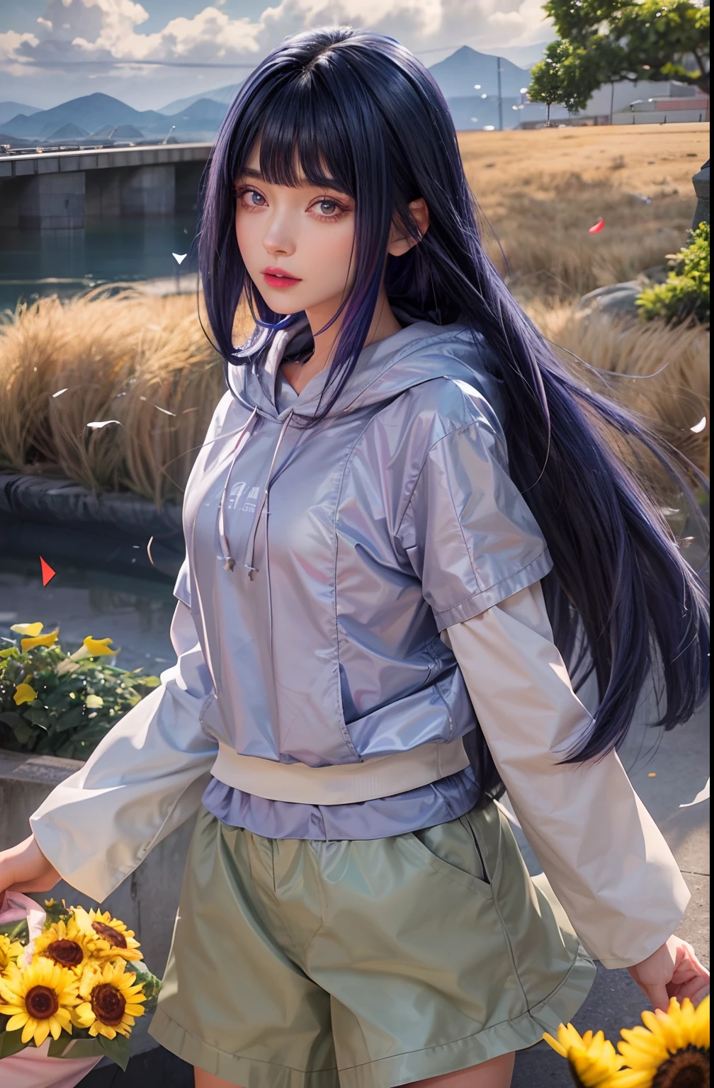 a close up of a person with long hair and a hoodie, hinata hyuga, hinata hyuga from naruto, from naruto, as an anime character, perfect anime face, she has dark blue hair with bangs, female anime character, anime character, anime best girl, hime cut hairstyle, dark blue hair, (red glossy lips:1.3), light purple eyes, big breasts, realistic, ultra detail