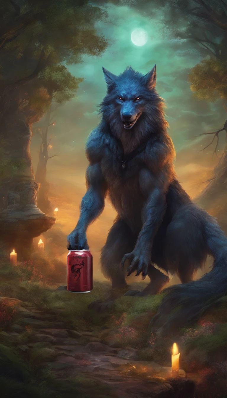 A photo of a werewolf taking a can of energy drink, Cemetery Background, clima sombrio e de terror, lua cheia, intrincate details, cinematic light, dramatic colors, ultrarealista, ultradetalhado, 8k