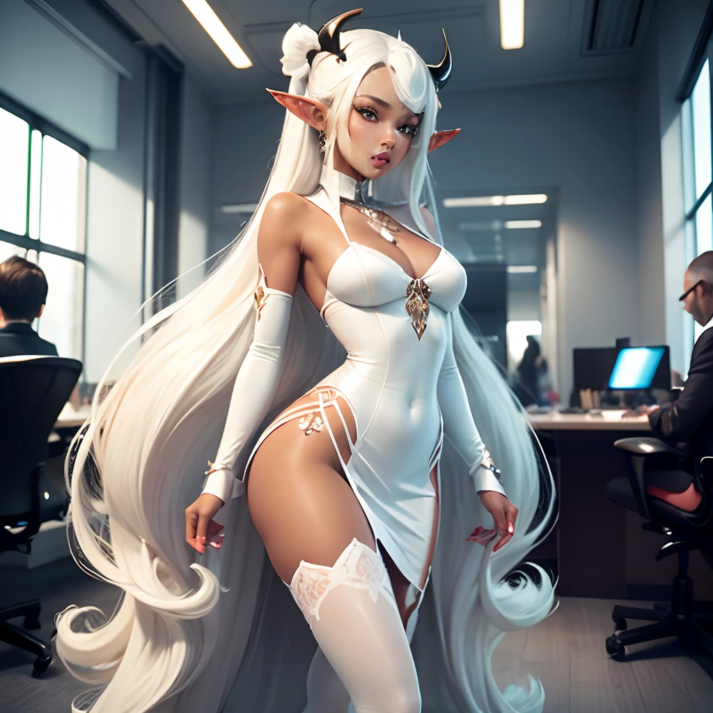 Sexy girl with elf ears with white long hair,  Bronzed Skin, White horns. She wears a dress and white high-heeled shoes. Talking to 2 men dressed in leather clothes in the office.