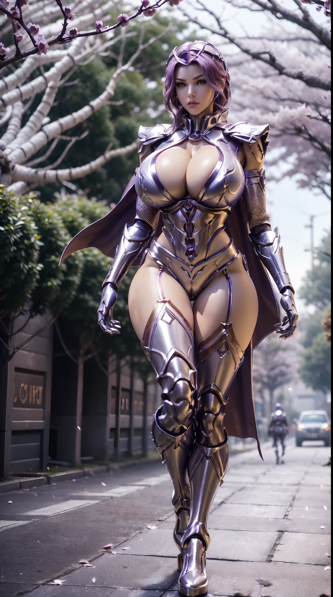 1GIRL, SOLO, (ssmile, makeup, beautifull eyes, red libs, gold dragon helm), (BIG BUTTOCKS, HUGE BOOBS:1.4), (MECHA GUARD ARM, GLOVES), (silver, purple, GIRL IN MECHA CYBER ARMOR CROP TOP, ROYAL CAPE, CLEAVAGE, SKINTIGHT HOTPANTS, HIGH HEELS:1.4), (MUSCULAR BODY, SEXY LONG LEGS, FULL BODY:1.5), (MUSCLE ABS:1.2), (LOOKING AT VIEWER:1), (WALKING DOWN ON STREET CHERRY TREES IN THE MORNING:1.3), PHYSICALLY-BASED RENDERING, ULTRA HIGHT DEFINITION, 8K, 1080P.