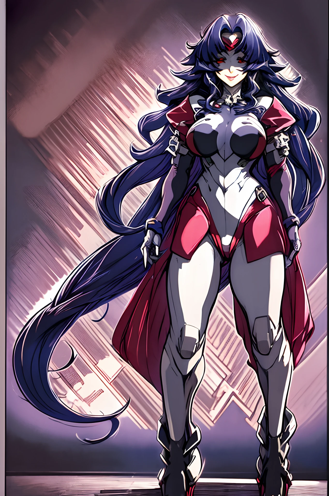leotard, calm facial exprecion, blue hair, red eye, leotard, big shoulders, sleeves, medium breast, boots, long hair, skirt, smile, half lips stic inferion lip, red lipstic, long hair, messy hair, smile, ong hair, standing solo, full body, boots,, body suit, mini skirt
