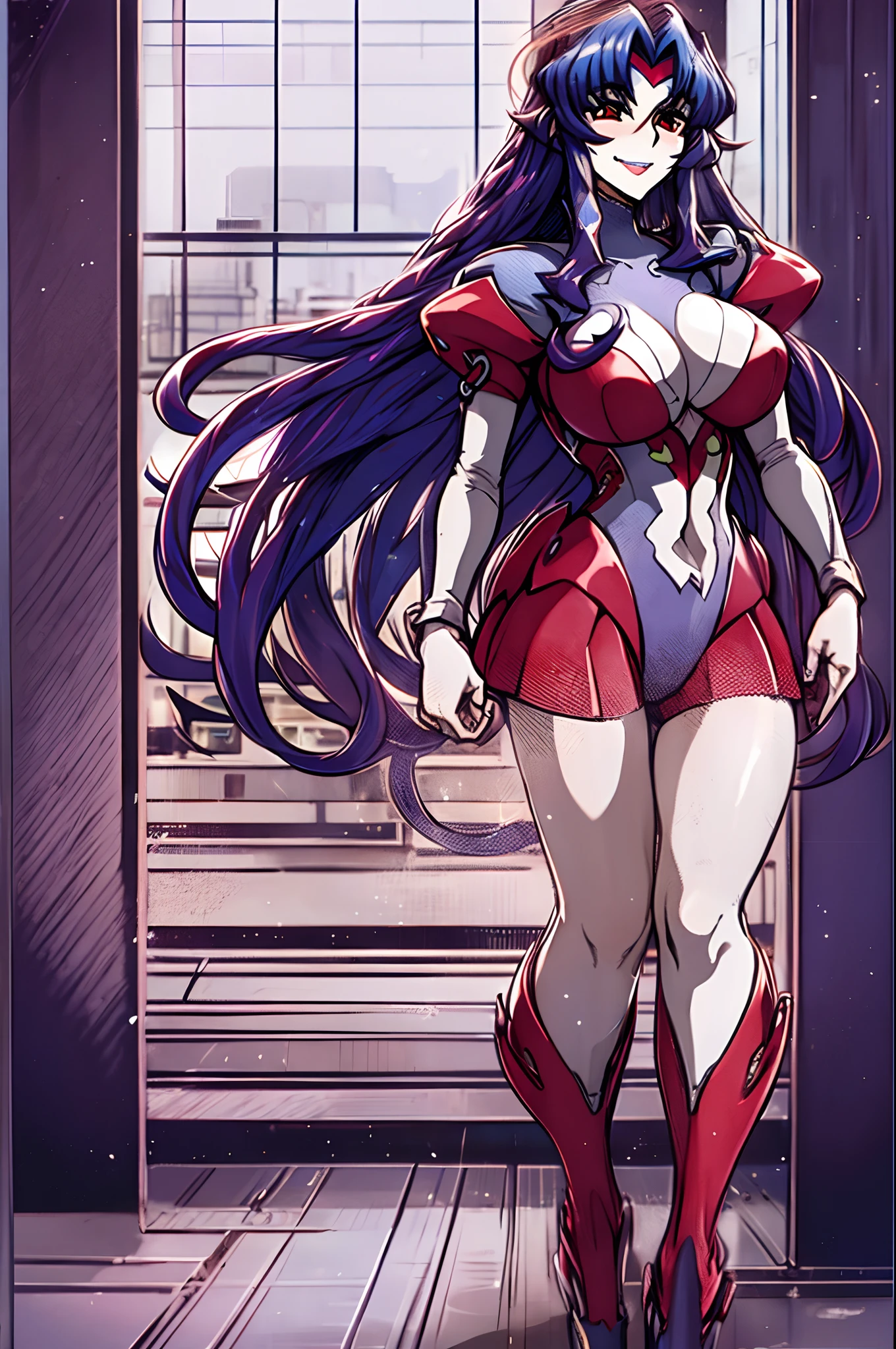 leotard, calm facial exprecion, blue hair, red eye, leotard, big shoulders, sleeves, medium breast, boots, long hair, skirt, smile, half lips stic inferion lip, red lipstic, long hair, messy hair, smile, ong hair, standing solo, full body, boots,, body suit, mini skirt