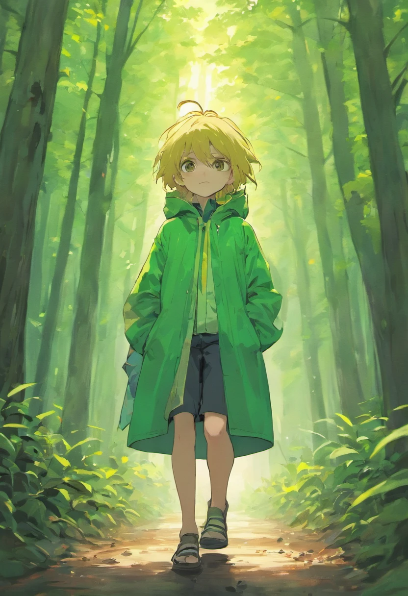 10 year old boy who is wearing a raincoat, does not wear glasses, without cap, carregando uma mochila, Entering the dense woods with a map in my hands
