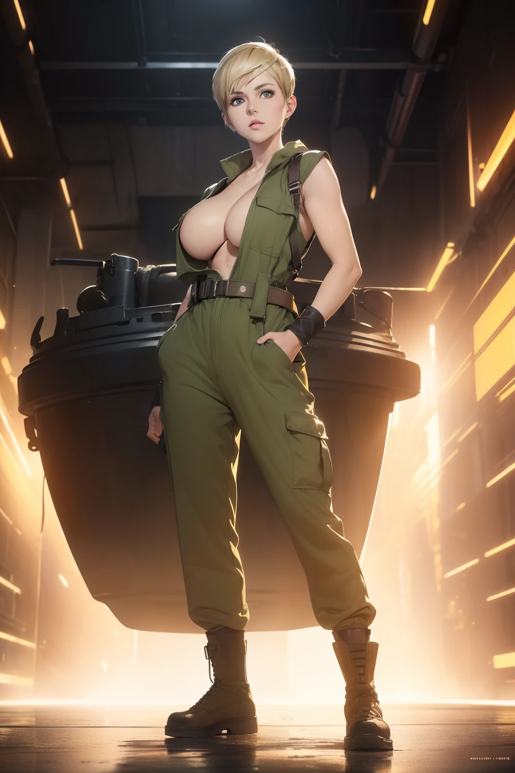 ((masterpiece, best quality, cinematic, photorealistic, ultra-detailed)), ((wide shot, front view, full body view:1.5)), ((perfect anatomy, perfect eyes, perfect hands, large cleavage, round legs, round ass:1.2)), ((female mechanic)), ((an olive green boiler suit with a front zipper, elastic waist, and added leg pockets for tools)), ((steel-toed work boots, mechanic gloves, and a tool belt)), ((blonde hair, pixie cut with a headband to keep hair out of the face)), ((sensual pose)), ((dynamic background))