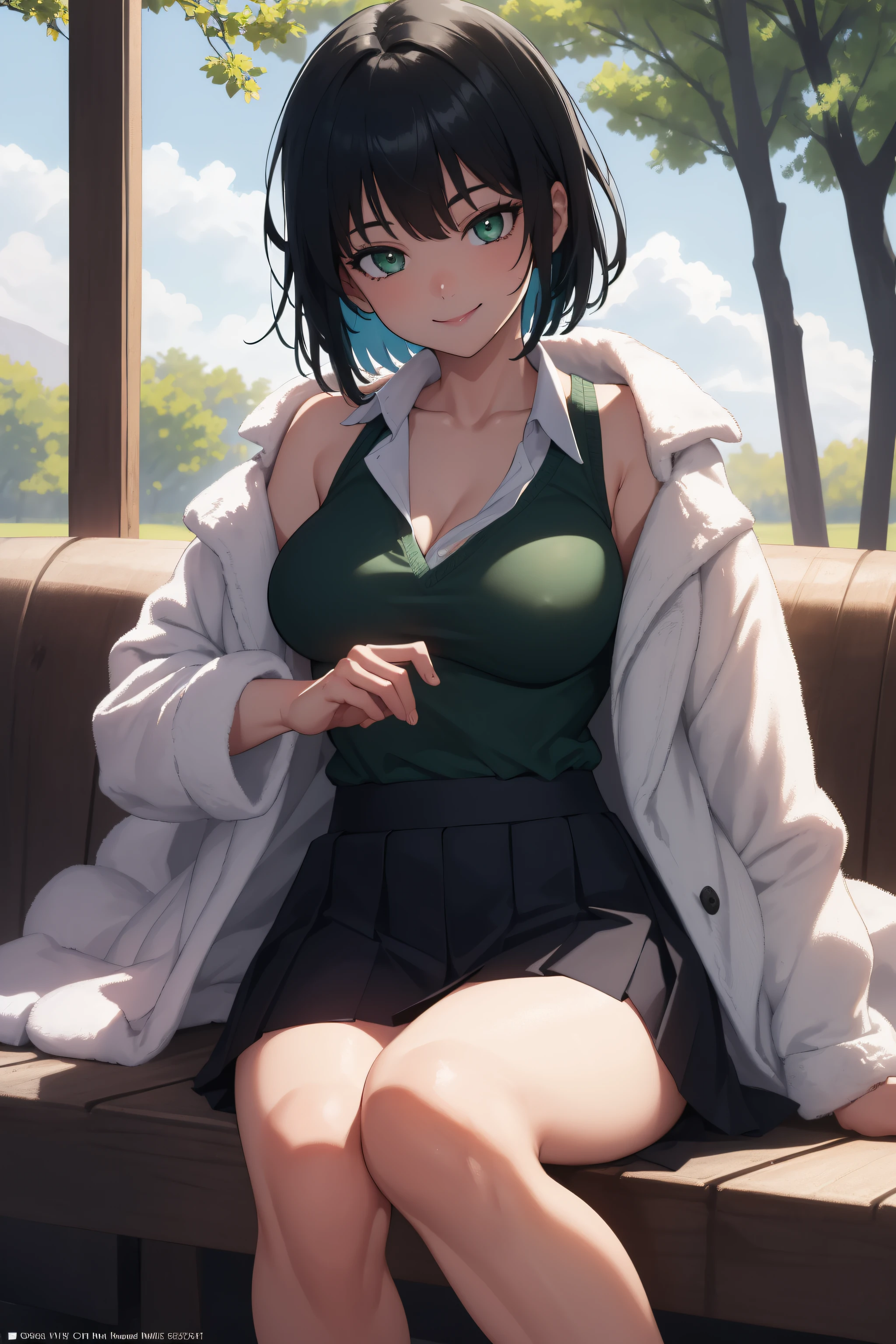 (day:1.7), outdoors, park, park_bench, plant, road,fence, grass,tree,
sitting at attention,sitting on couch,
school_uniform,yellow_sweater_vest,Blue_skirt,green_neckwear,
fubuki, black hair, green eyes, short hair, 
1 girl, 20yo,Young female,Beautiful Finger,Beautiful legs,Beautiful body,Beautiful Nose,Beautiful character design, perfect eyes, perfect face,
looking at viewer, (big_eyes:1.0),(Smile:1.3),
NSFW,official art,extremely detailed CG unity 8k wallpaper, perfect lighting,Colorful, Bright_Front_face_Lighting,
(masterpiece:1.0),(best_quality:1.0), ultra high res,4K,ultra-detailed,
photography, 8K, HDR, highres, absurdres:1.2, Kodak portra 400, film grain, blurry background, bokeh:1.2, lens flare, (vibrant_color:1.2)
(Beautiful,medium_Breasts:1.4), (beautiful_face:1.5),(narrow_waist),(perfect hands, perfect anatomy),