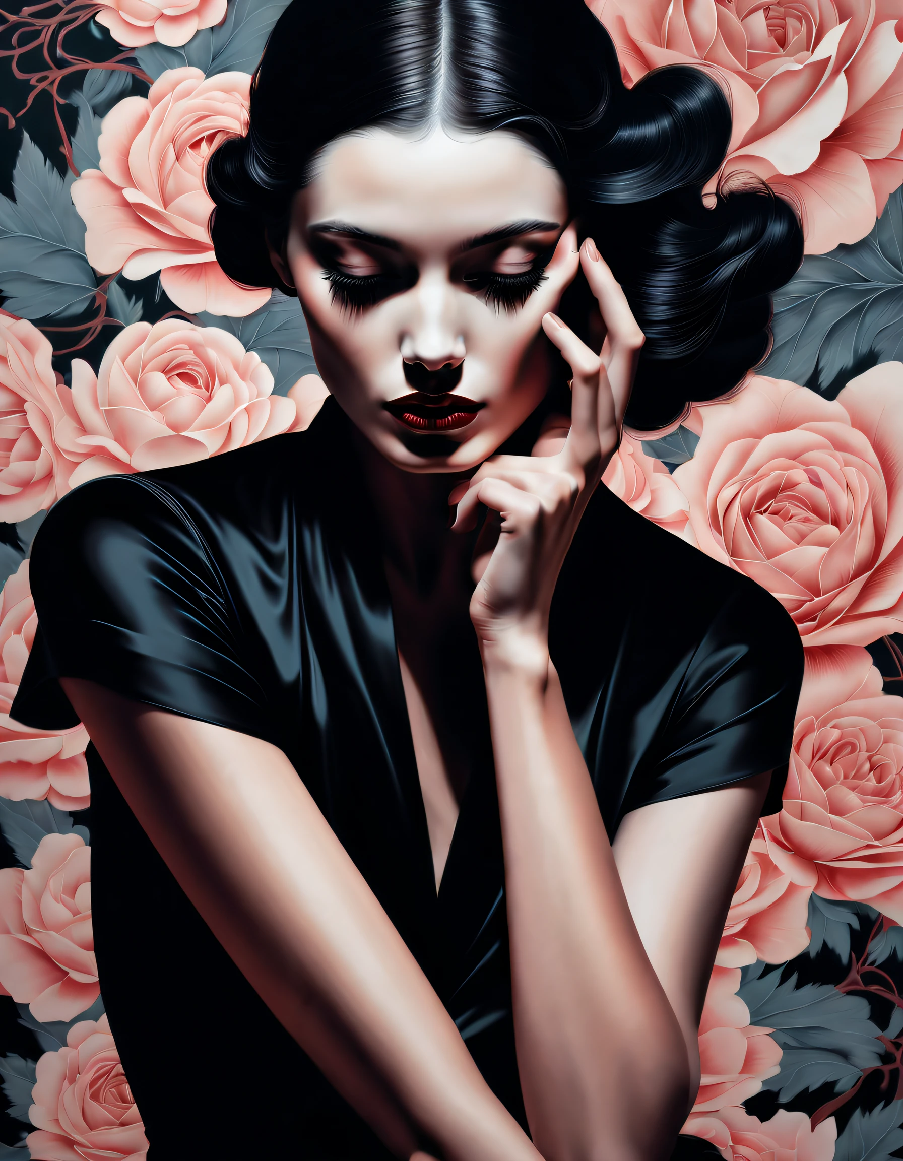 chiaroscuro technique on sensual illustration of an model in a fashion-forward pose. Showcase the elegance and sophistication of her attire and posture., vintage , matte eerie, silky matte painting, by Hannah Dale, by Harumi Hironaka, extremely soft colors, vibrant, highly detailed, digital artwork, high contrast, dramatic, refined, tonal, Focus on touch, connection, and relaxation