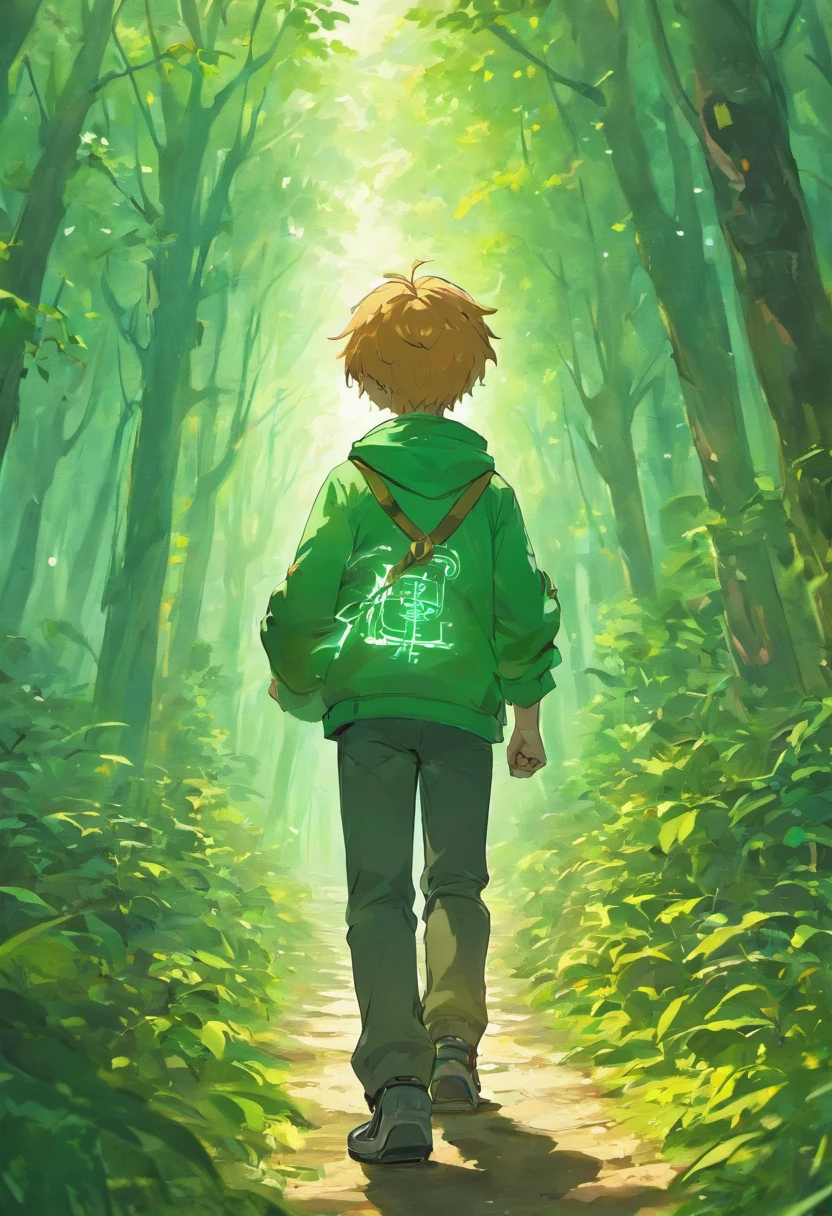 A boy with a map in his hands on his back entering a dense forest