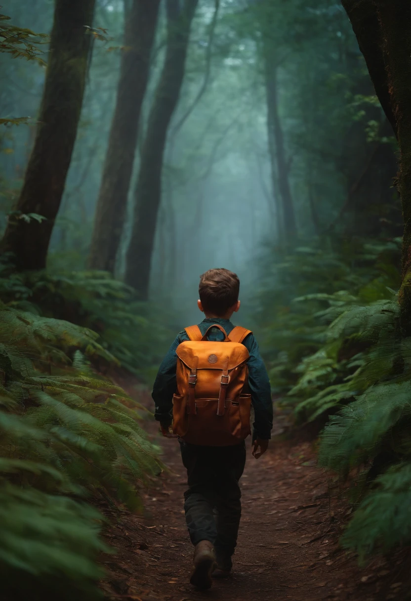 A boy with a map in his hands on his back entering a dense forest
