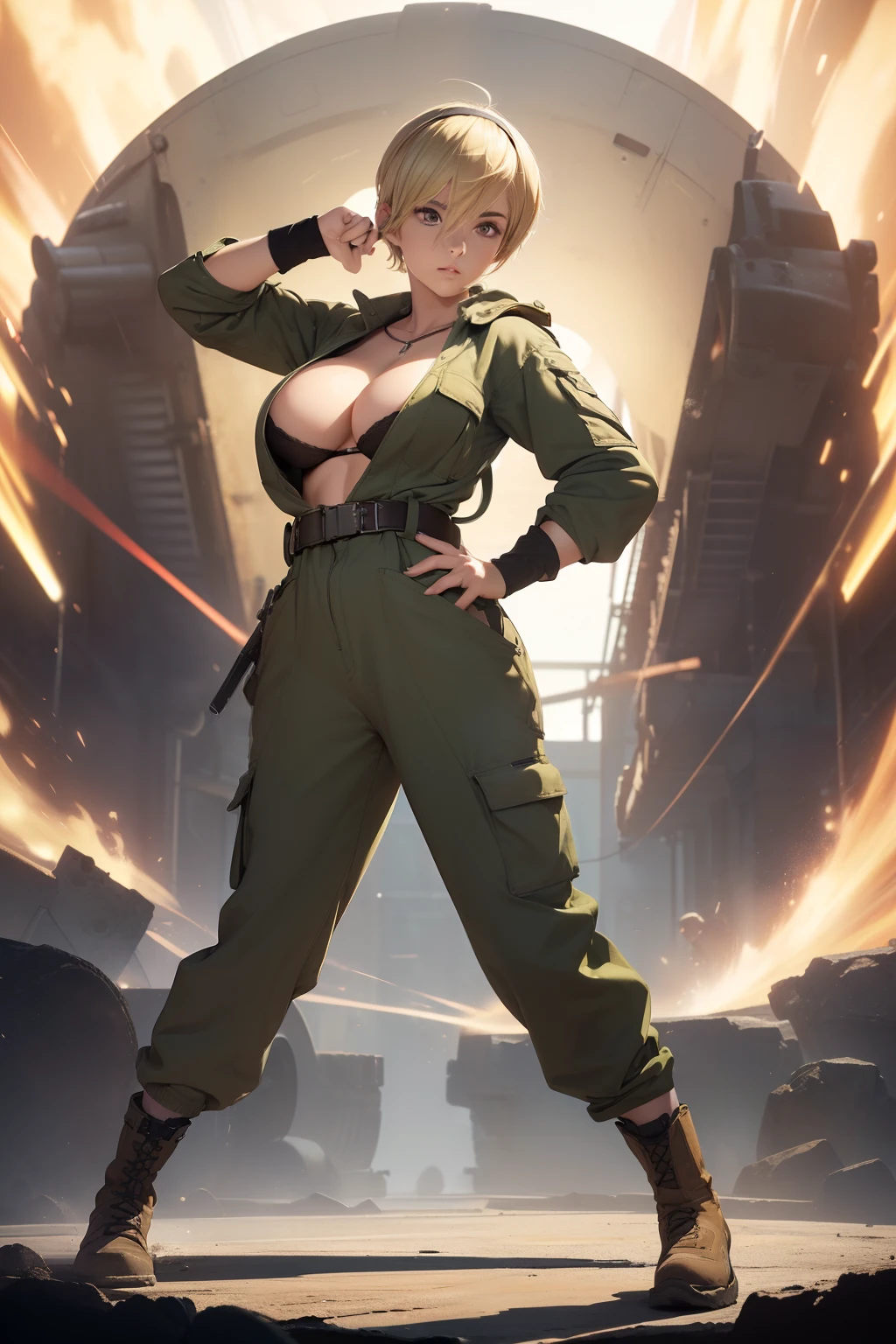 ((masterpiece, best quality, cinematic, photorealistic, ultra-detailed)), ((wide shot, front view, full body view:1.5)), ((perfect anatomy, perfect eyes, perfect hands, large cleavage, round legs, round ass:1.2)), ((female mechanic)), ((an olive green boiler suit with a front zipper, elastic waist, and added leg pockets for tools)), ((steel-toed work boots, mechanic gloves, and a tool belt)), ((blonde hair, pixie cut with a headband to keep hair out of the face)), ((sensual pose)), ((dynamic background))