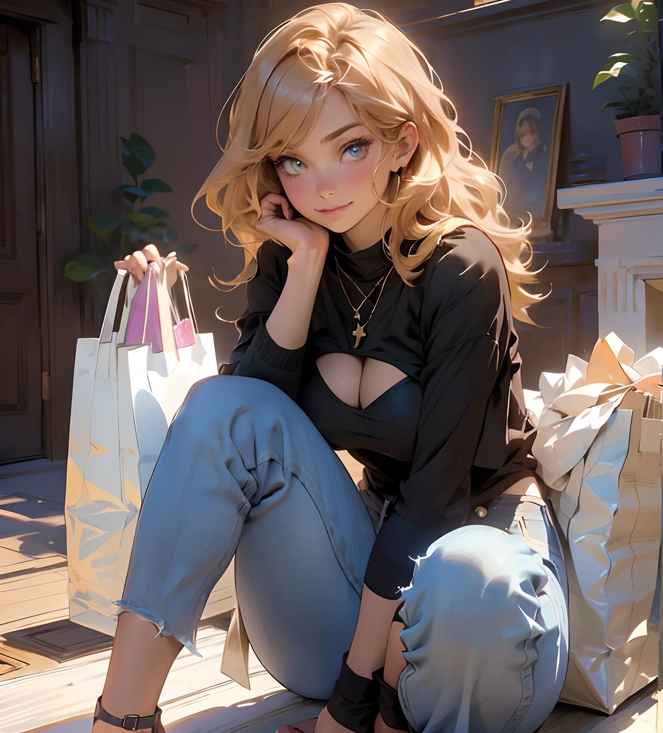 Melancholy lighting, Take it easy, calm, shine, masterpiece, best quality, 1 girl, (JinxLol: 1.2), (ultra photorealistic: 1.3), (masterpiece: 1.4), best quality, ((realistic)), high quality, Ultra Detailed, ((real image)), ((realistic skin)), ((realistic face)), (illustration: 1.05), (beautiful: 1.05), (beautiful detailed eyes: 1.05), (cinematic light: 1.1), full body, accurate proportions, 25-year old girl, CURVY model (wearing sexy jeans and a sexy shirt:1.6), (exposing big boobs:1.4),(sitting her feet up :1.8), (in a luxurious house setting with lots of luxurious shopping bags:1.7),waves, BLOND hair fluttering in the wind, long legs, slightly open feet, butt, blushing, shyness, clavicle, abs, double texture, beautiful and delicate face, fair skin, real skin, (face detail), couples, super high res, 8k, parameters Best quality, masterpiece, super high res, (Realistic 2.0), more details, detailed skin, wide smile, white teeth, VOLUMINOUS GINGER BLONDIE hair, perfect and well-drawn eyes, girlfriend, cute, pretty, studio illumination, (((PERFECT EVEN EYES:1.3)))