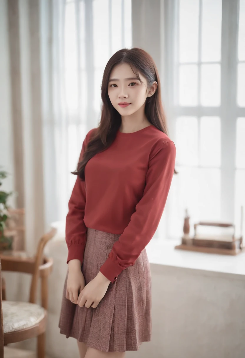 Half body portrait, 8k , plae skin asian ( korea+ Burmese)mixed girl , wearing red acmm's outfit, wearing top, red top, long sleeves, wearing acmm long skirt, red long skirt, printed skirt and holding a book in a bookshop