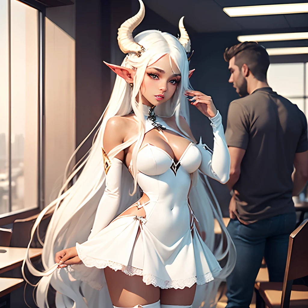 1 girl and 3 men in the frame. Sexy girl with elf ears with white long hair, Bronzed Skin, White horns. She wears a dress and white high-heeled shoes. Conversation with men dressed in jeans and t-shirts. in a dining hall.