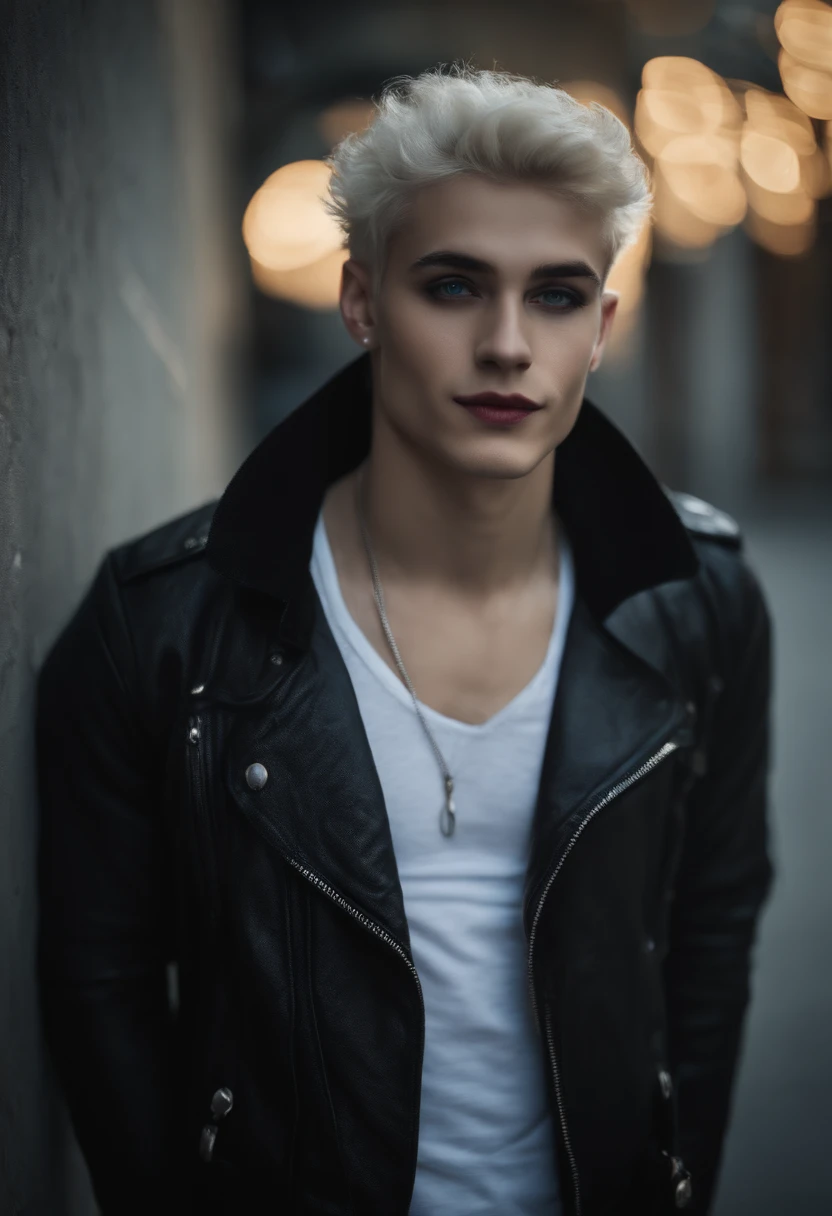 young handsome male, model, posing, 20 years old, skinny body, lean body, cute face, blue eyes, platinum blond hair, short curly hair, eyeliner, black eyeshadow, blood on face, long tongue, smiling, licking lips, sharp teeth, gothic punk clothing, black jacket, mischevious expression, in night club, leaning against wall, atmospheric, demonic
