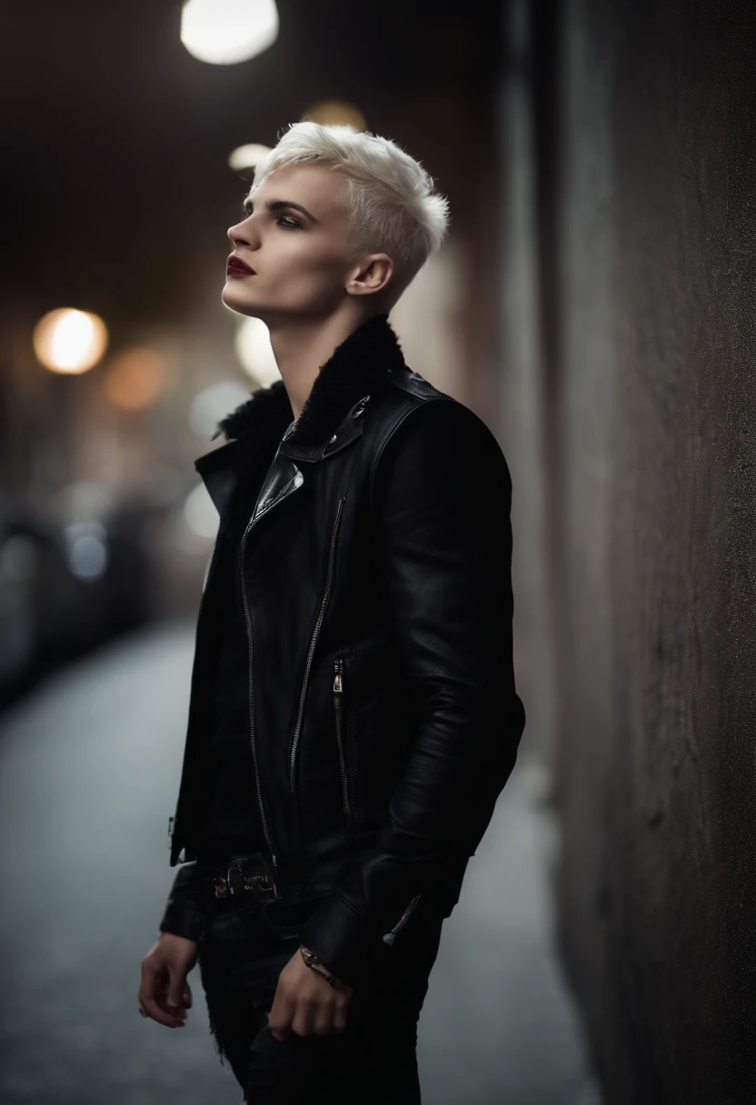 young handsome male, model, posing, 20 years old, skinny body, lean body, cute face, blue eyes, platinum blond hair, short curly hair, eyeliner, black eyeshadow, blood on face, long tongue, smiling, licking lips, sharp teeth, gothic punk clothing, black jacket, mischevious expression, in night club, leaning against wall, atmospheric, demonic