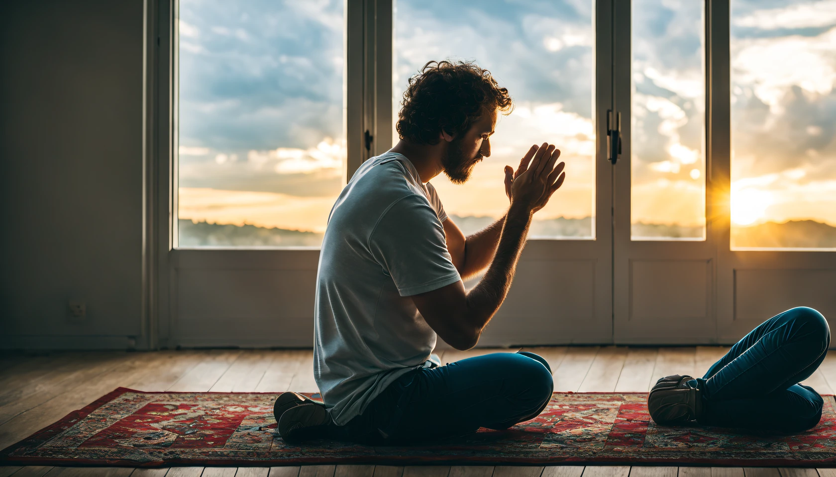 A man kneeling in prayer, demonstrating his intimate connection with God, in a room with an open window overlooking the sky