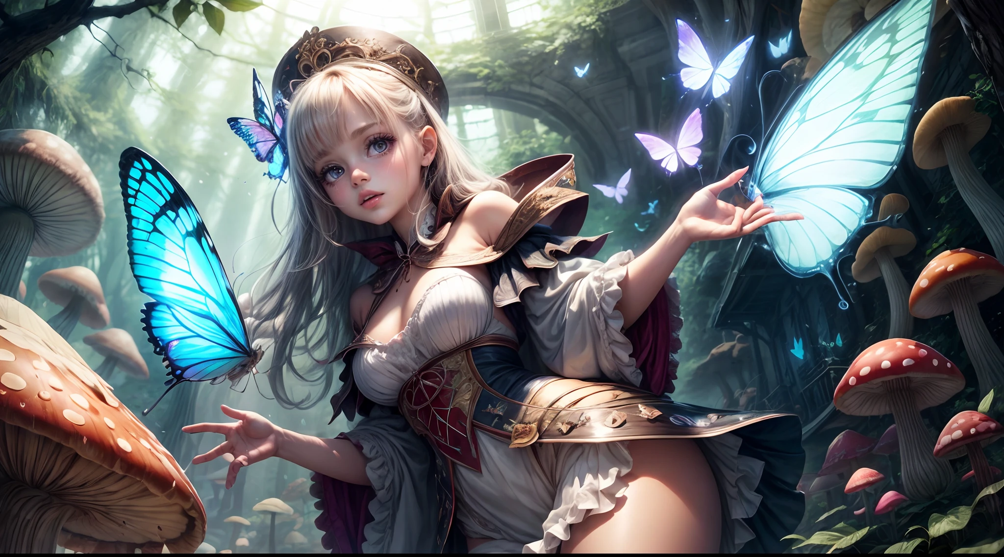 "Magical encounter, closeup young girl exploring, gigantic mushroom, ethereal butterflies, misty wonderland, enchanting details"
