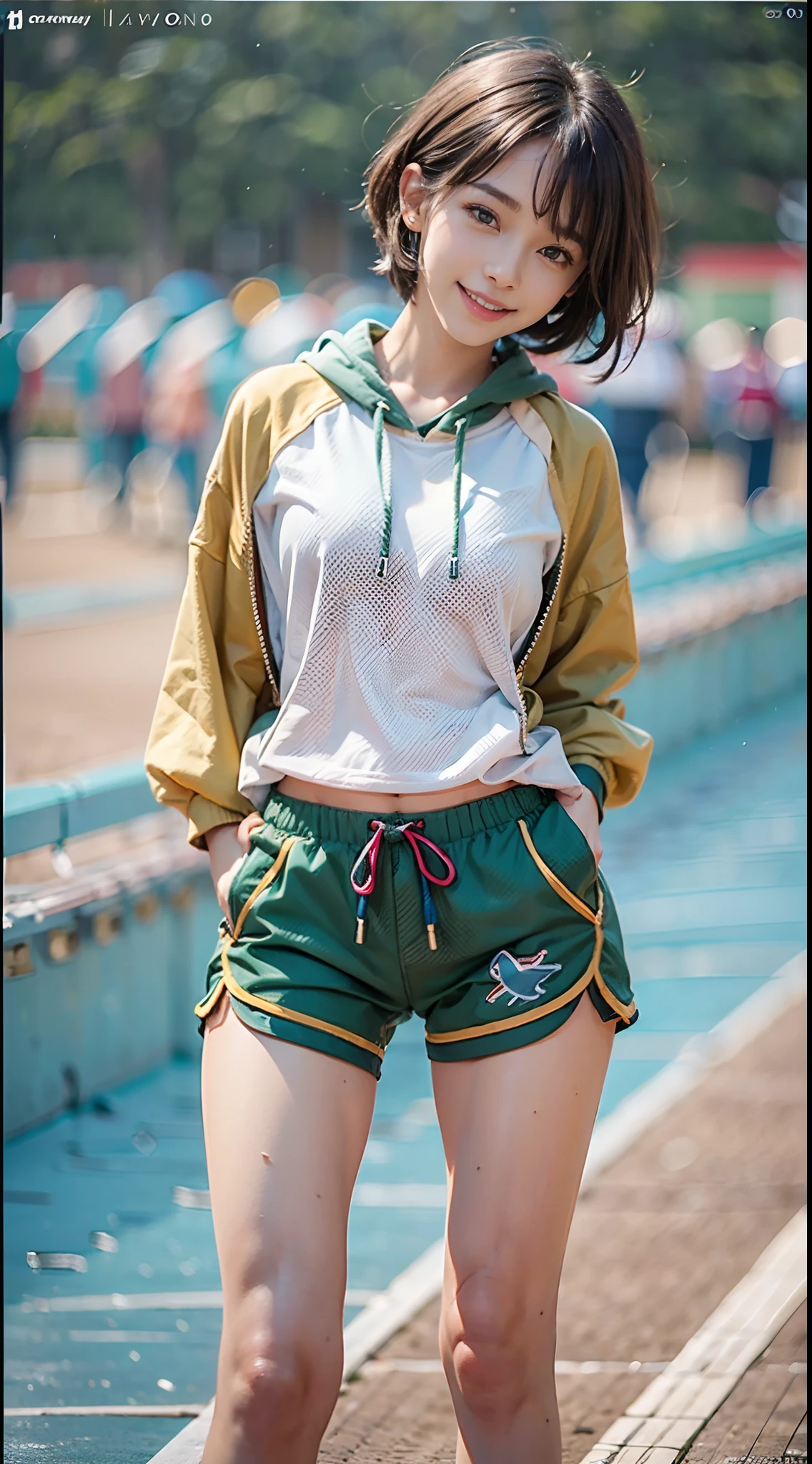 ((Dolphin Shorts)), Sweatshirt, athletic field, Smiling smile, (NSFW), 1womanl, 独奏, 24 year old, 7headed body, (Ideal ratio body proportions), (Composition from head to thigh), erectile nipple, Sexy body, Wet, short-hair, A dark-haired, small tits, A slender, Small buttocks, beauty legs, Skinny Legs, surrealism, Cinematic lighting, depth of fields, One-person viewpoint, F/1.8, 135 mm, nffsw, masutepiece, ccurate, ((Anatomically correct)), Textured skin, Super Detail, high details, High quality, awardwinning, Best Quality, hight resolution, 8K