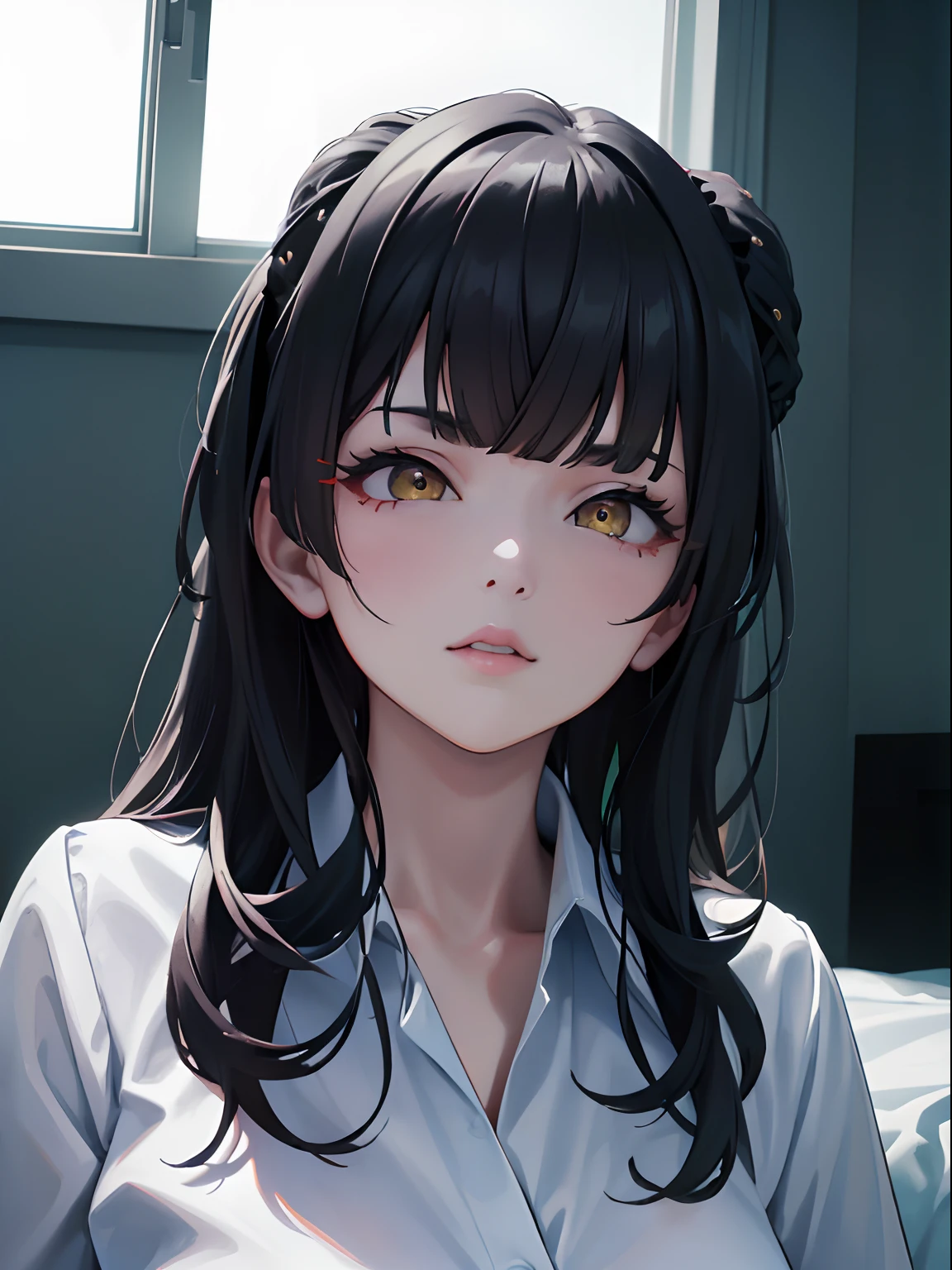 masterpiece, best quality, NSFW, 1girl, black hair, ,yellow eyes, white collared shirt, bedroom, sleeping on bed, detailed facial features, realistic and high resolution (best quality, 4k, 8k, highres, masterpiece:1.2).