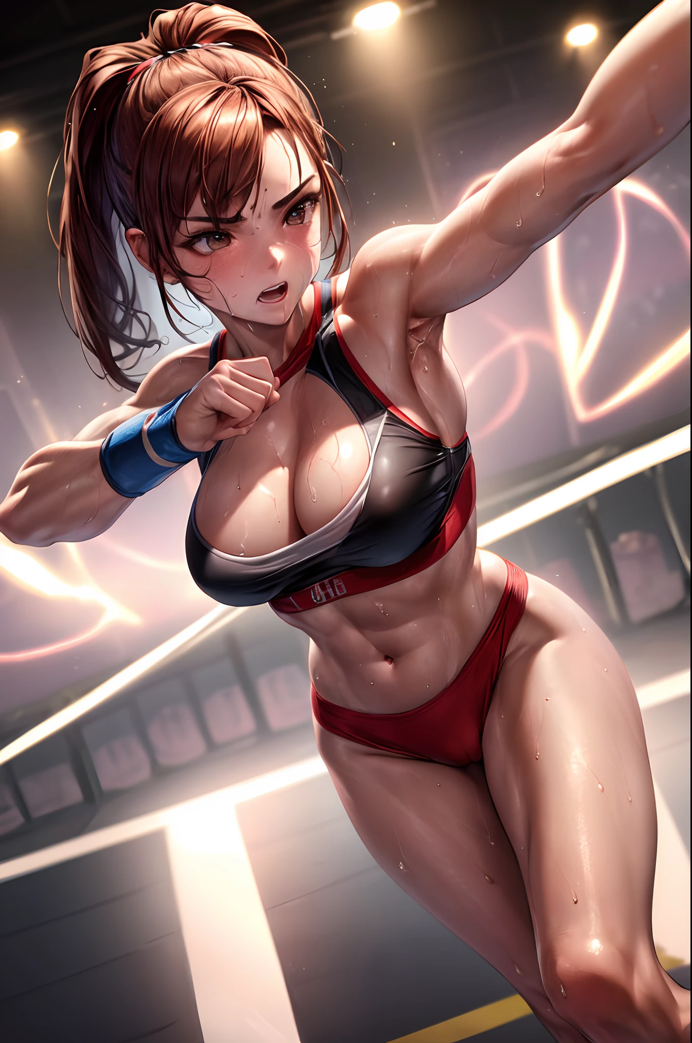 (Best Quality,8K,hight resolution,masuter piece:1.2),Ultra-detailed,Realistic:1.37,Portrait,Dynamic Angle,(Female boxer) ,age girl,small head,Cute,Sporty,Charming face,Detailed beauty face,Very realistic skin,Wet skin,Sweat,Large breasts,nice legs ,Sporty,Boxer competition venue ,Cinematic lighting,