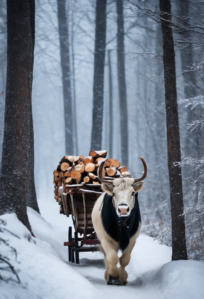 An old nag is carrying a sleigh with firewood through the winter forest