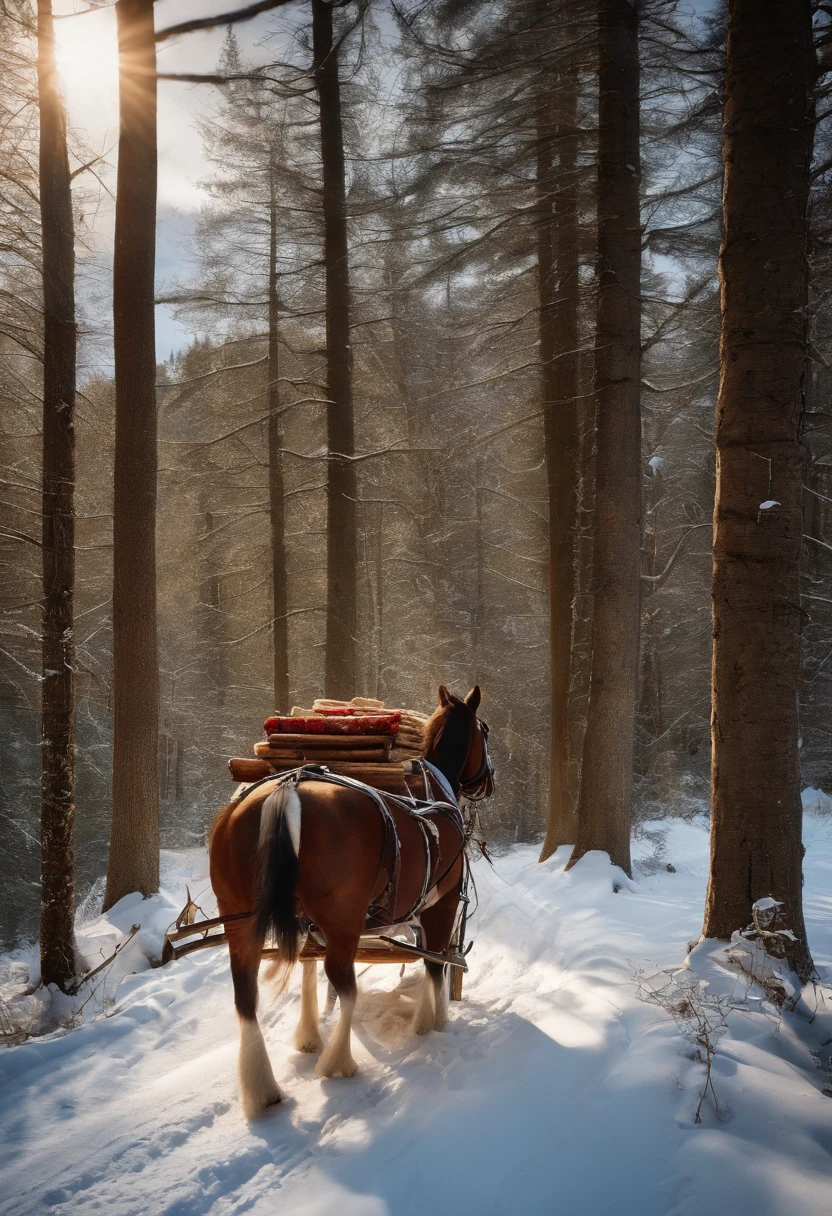 An old nag is carrying a sleigh with firewood through the winter forest