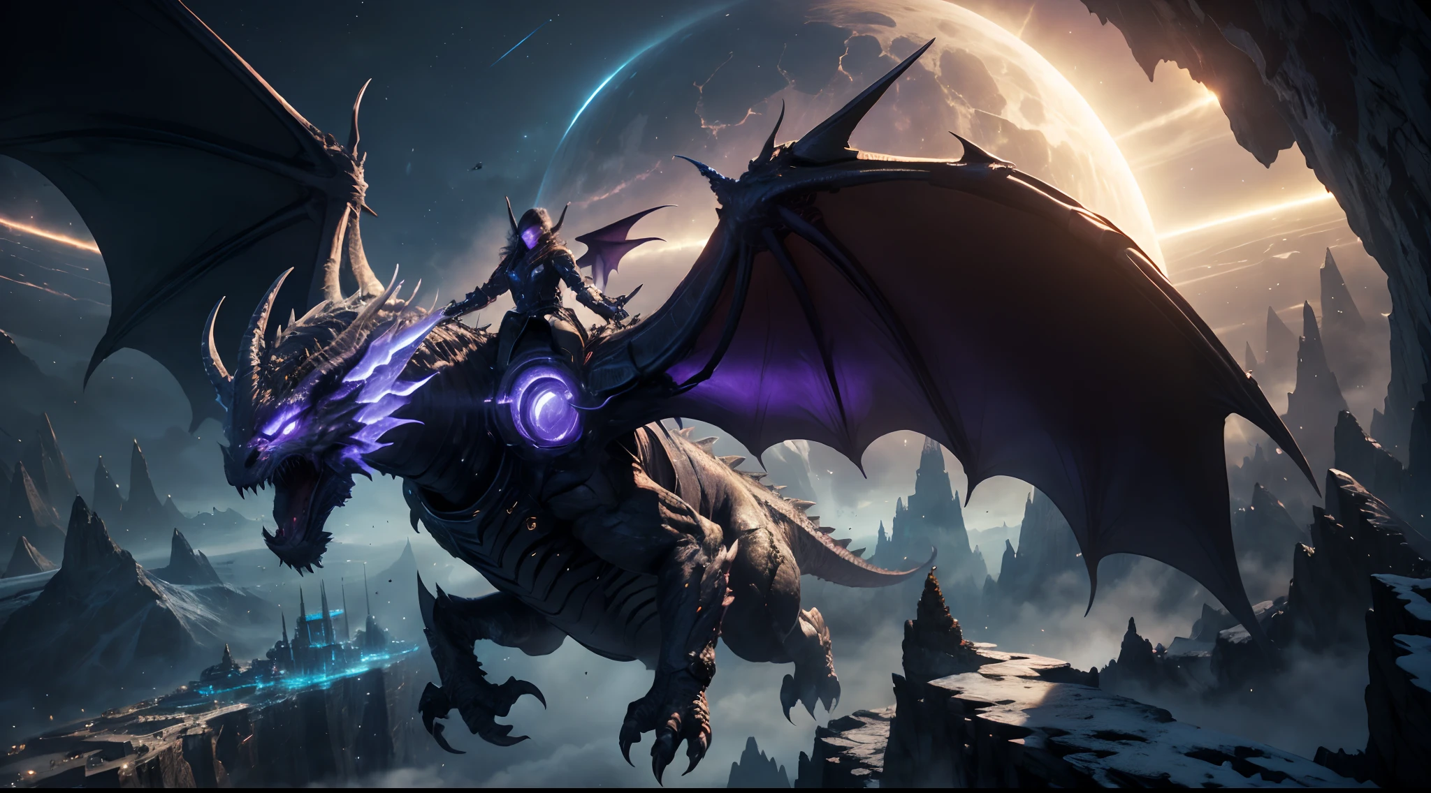 High in the dark, A huge machine, Big Yellow Cave Well, Dragons soar over glittering cyberpunk cities, Icy purple eyes and wings across the air,siluette，Enter the huge space in the night sky,Masterpiece, Best quality, Intricate details, Wide-angle lens photography,  (HR Giger:0.45), Ray tracing, Subsurface scattering, Cinematic light, IMAX, Dramatic atmosphere, Epic, Fantasy art, surrealism, 8K, hyper HD, hdr,Glowing wings,Wings,(dream,Fantasy,flying)