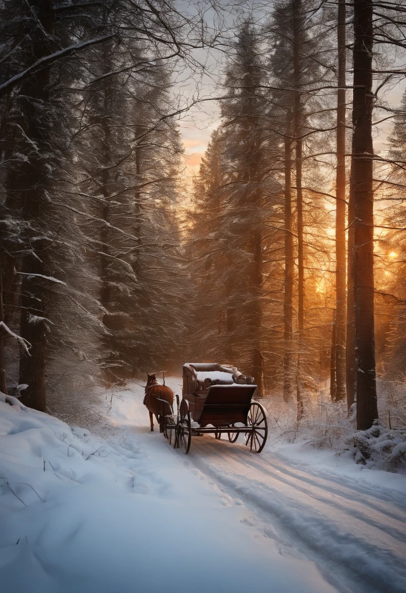 An old nag pulls a sleigh with firewood through a winter forest