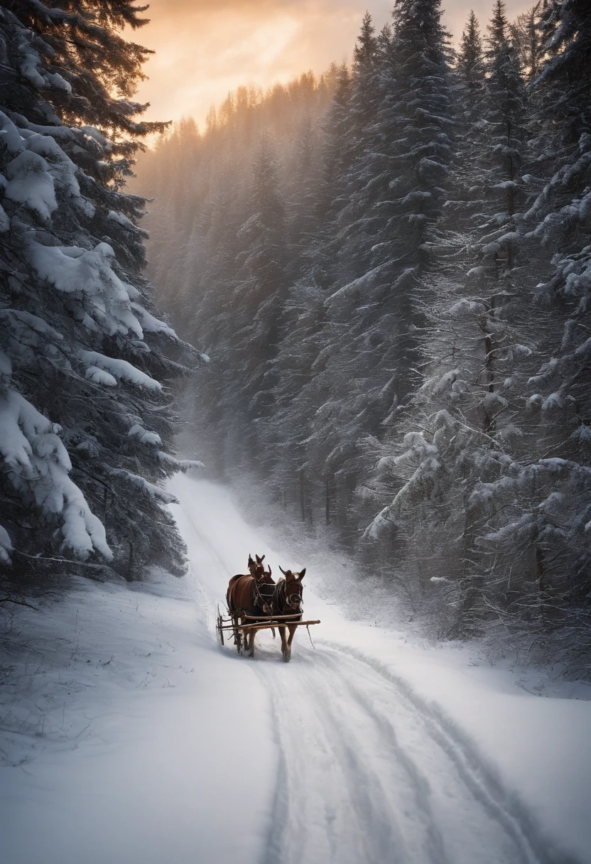 An old nag pulls a sleigh with firewood through a winter forest