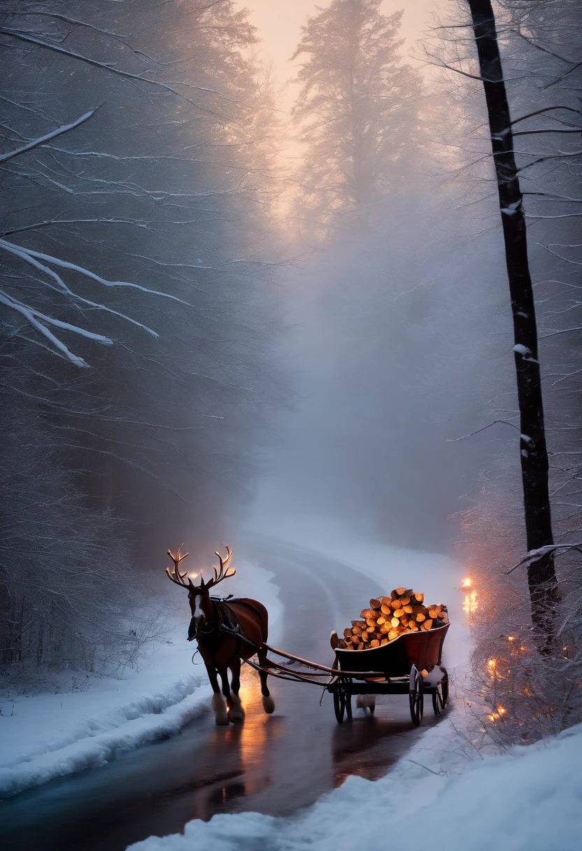An old nag pulls a sleigh with firewood through a winter forest