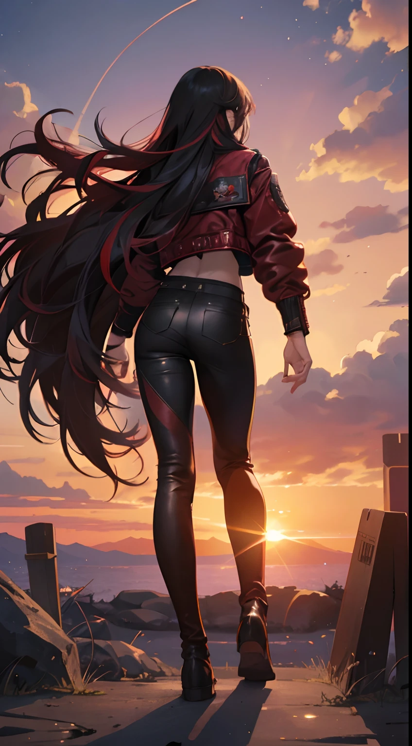 It has always been in this hand、With the sunset in the background、Woman Walking Out、Long hair with red highlights on black hair、Red jacket with intricate decoration、cross belt、Tight leather pants、Full body projection、Camera angle from behind、Depiction like the epic ending of a battle manga