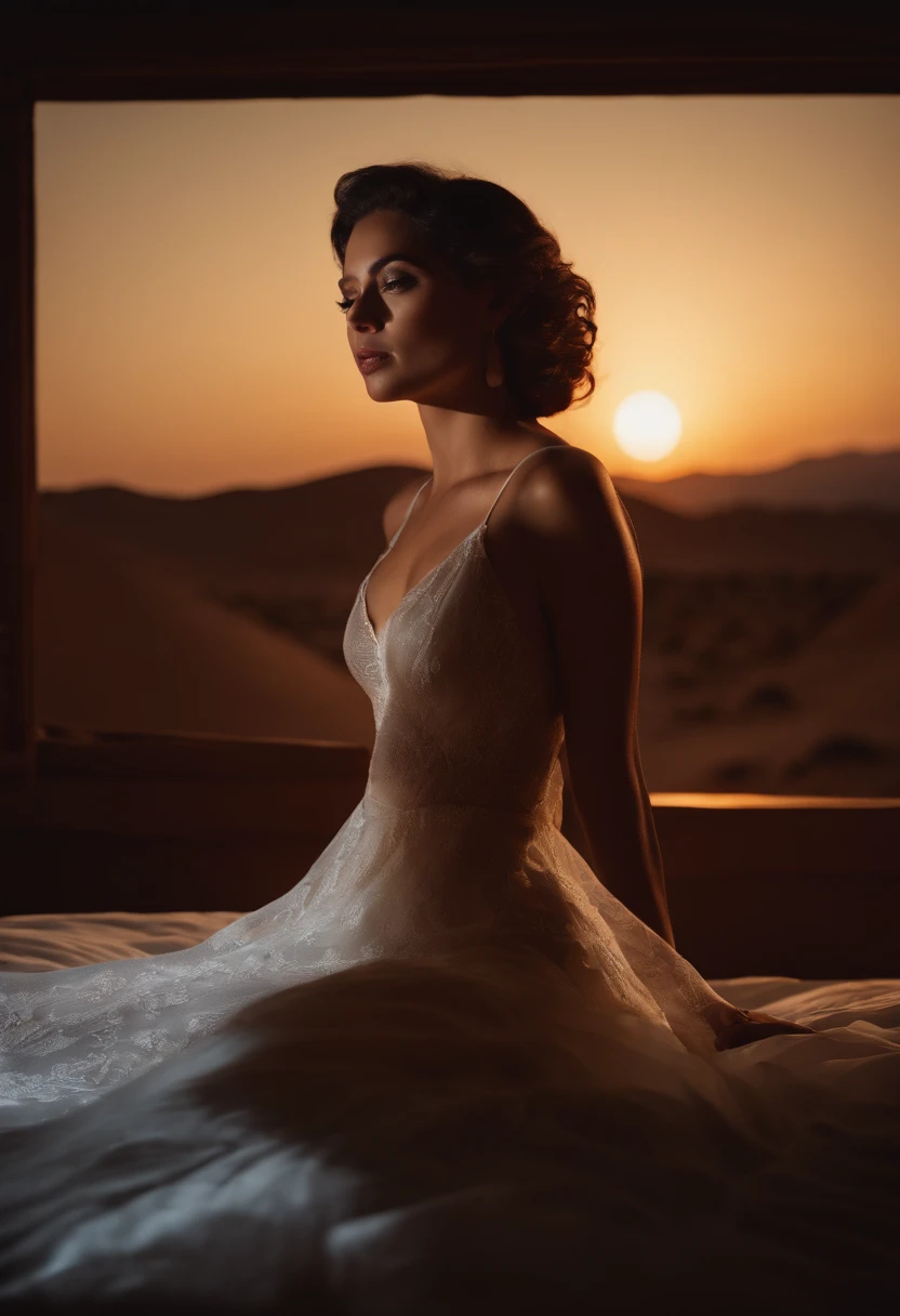 A seductive and sensual scene featuring a woman lying on a bed, dressed in see-through clothing, illuminated by the soft glow of the moonlight. The setting is at night, with a window overlooking a mysterious desert landscape. The woman exudes an air of allure and confidence as she poses on the bed with elegance and grace. The composition emphasizes her enticing silhouette against the backdrop of the moonlit desert. The image captures the mood of sensuality and intrigue, with a focus on the woman's alluring presence. The details of the see-through clothing and the delicate play of light and shadow add to the overall aesthetic.