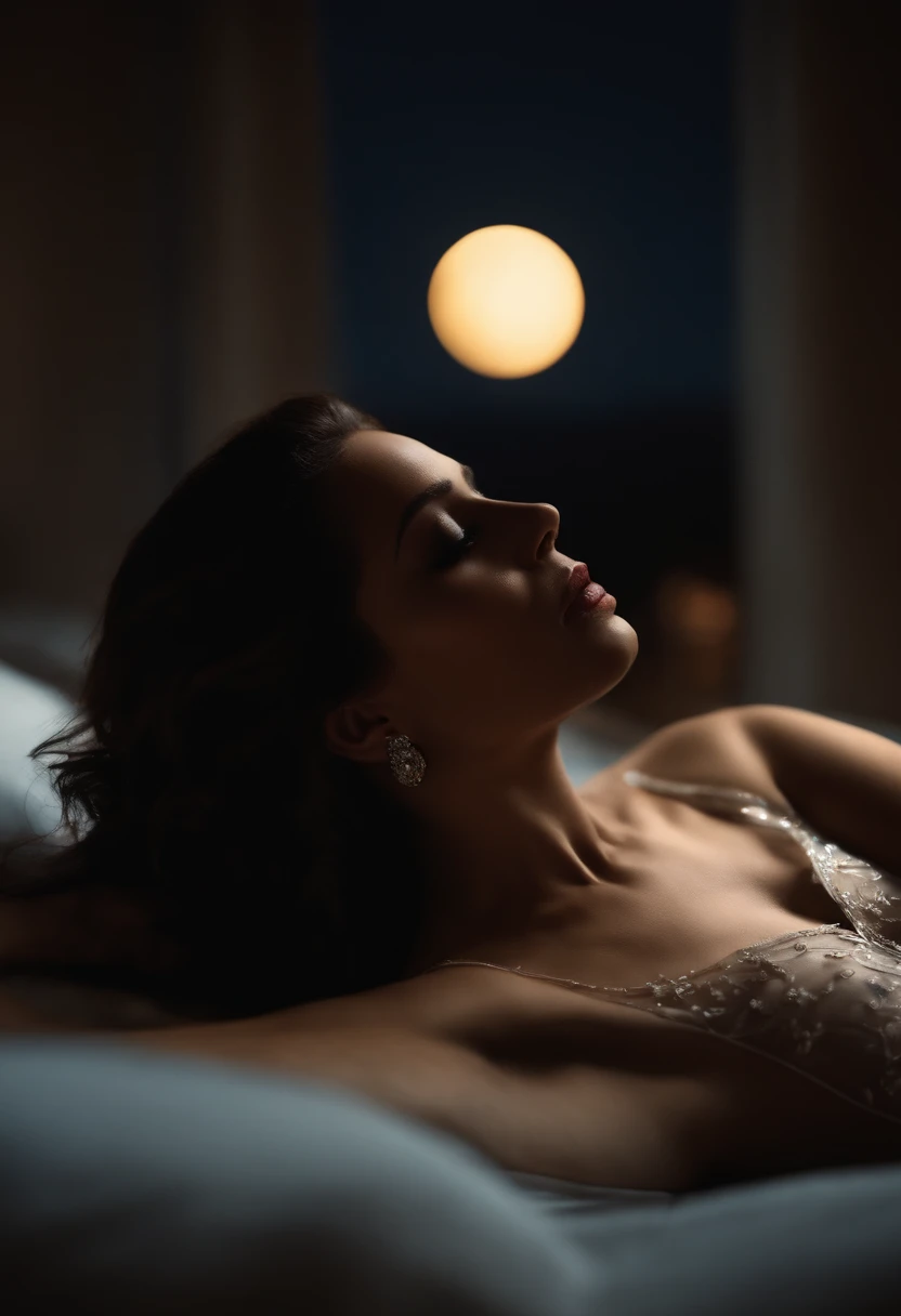 A seductive and sensual scene featuring a woman lying on a bed, dressed in see-through clothing, illuminated by the soft glow of the moonlight. The setting is at night, with a window overlooking a mysterious desert landscape. The woman exudes an air of allure and confidence as she poses on the bed with elegance and grace. The composition emphasizes her enticing silhouette against the backdrop of the moonlit desert. The image captures the mood of sensuality and intrigue, with a focus on the woman's alluring presence. The details of the see-through clothing and the delicate play of light and shadow add to the overall aesthetic.