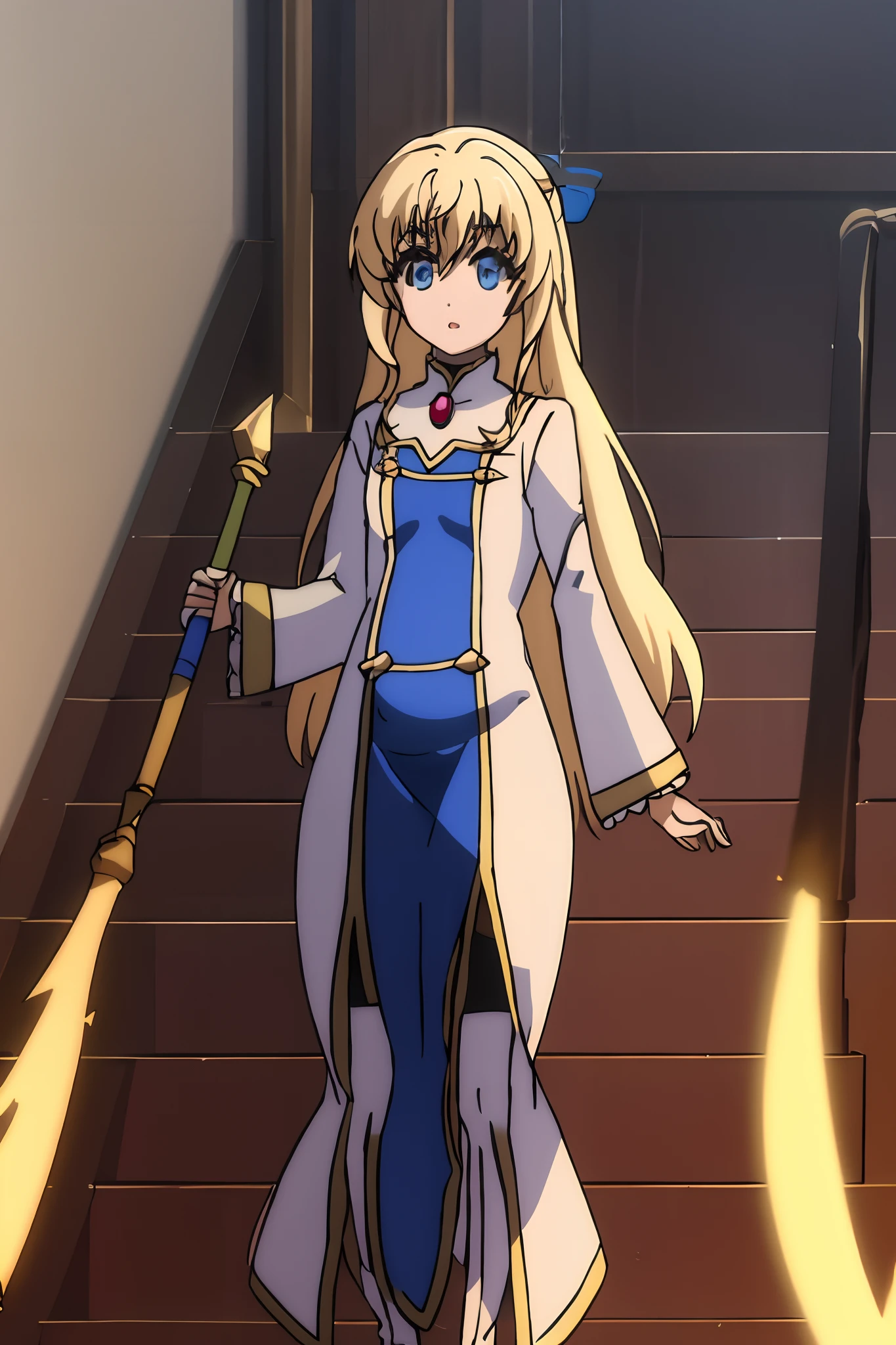 masterpiece, Best quality, 1girl, anime girl, pretty young woman, long blond hair that is tied back in a small ponytail by a small blue bow with chest-length hair strands hanging on either side and blue eyes, white robes over blue garbs, both laced with golden outlines and wielding a golden-colored staff decorated with blue jewels. Unseen, during adventures, she also wears protective chainmail under her garb, Pregnant