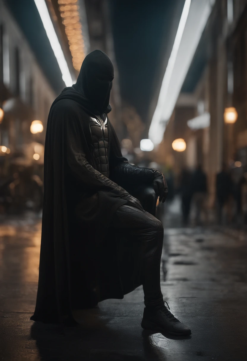 dark masked figure levitating on a puddle of tears dripping from the eyes with Nike swoosh on cape opening up the void to infinity by Craig Mullins, 3d octane render, High detail, 8k resolution, volumeric lighting, Nike, Nike swoosh, Logo de Nike, Nike air max --ar 4:5