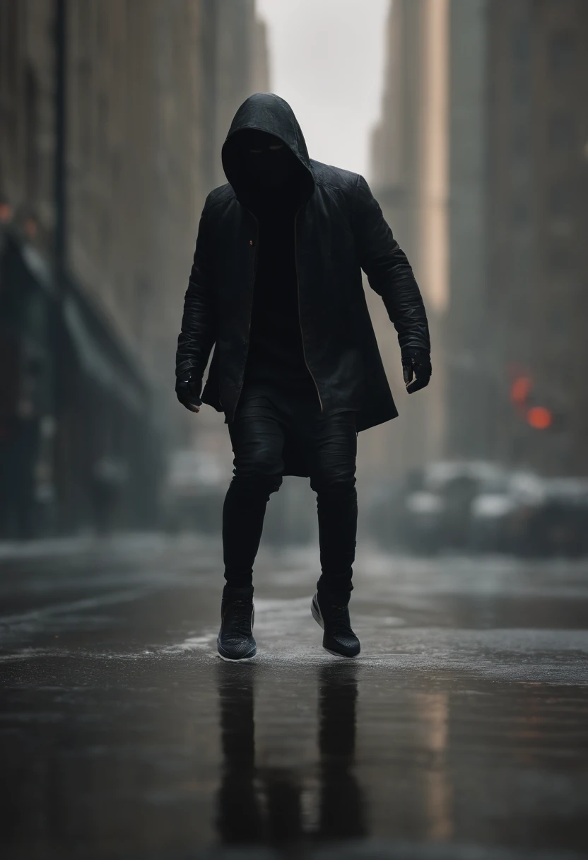 dark masked figure levitating on a puddle of tears dripping from the eyes with Nike swoosh on cape opening up the void to infinity by Craig Mullins, 3d octane render, High detail, 8k resolution, volumeric lighting, Nike, Nike swoosh, Logo de Nike, Nike air max --ar 4:5