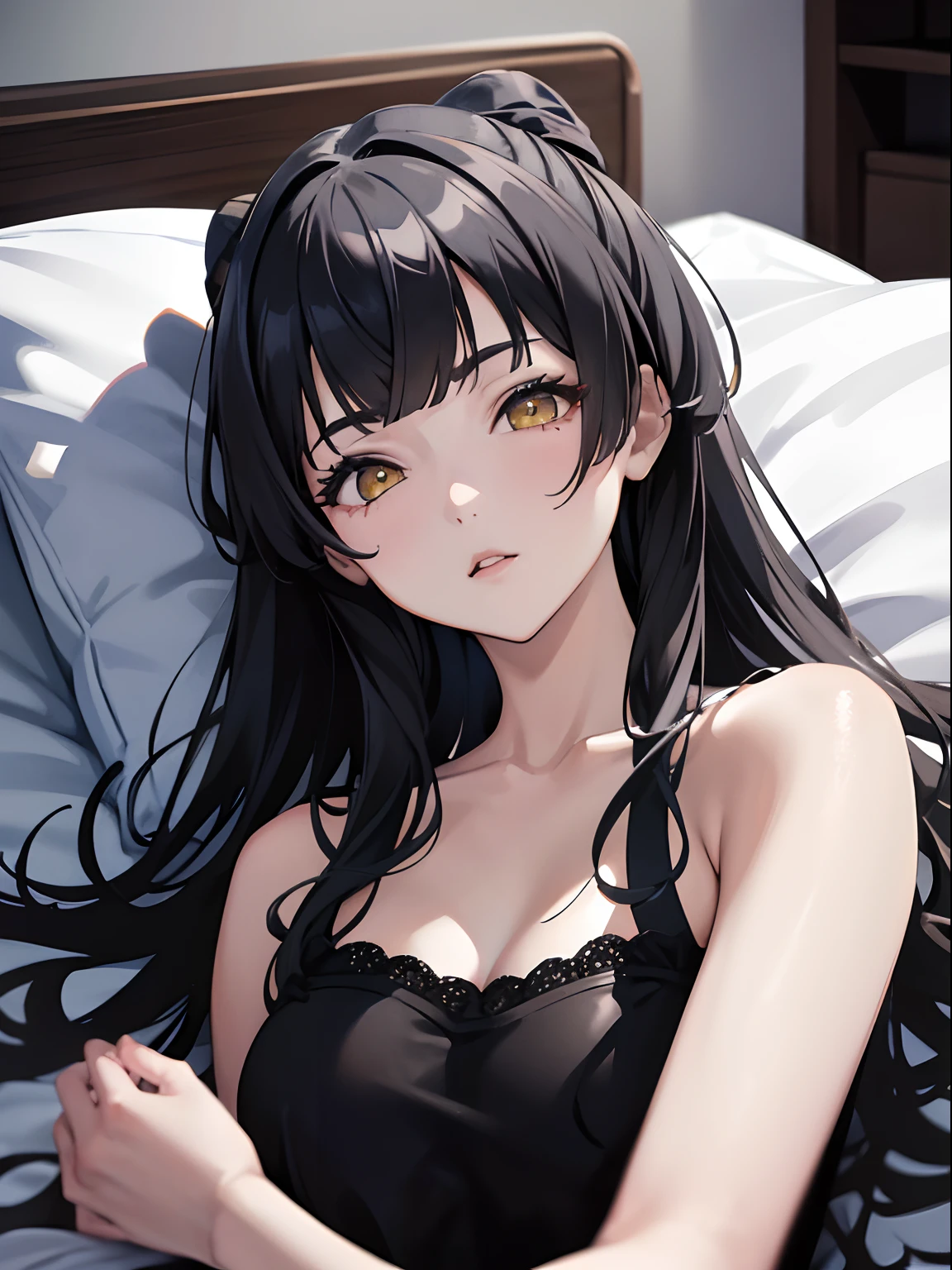 masterpiece, best quality, NSFW, 1girl, black hair, ,yellow eyes, pajama, bedroom, lying on bed, sleeping, eyes closed, detailed facial features, realistic and high resolution (best quality, 4k, 8k, highres, masterpiece:1.2).