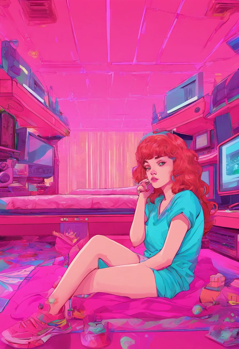 "Create a vivid and captivating description of a young girl, peacefully laying on a bed, dressed in a delicate pink nightdress. Use your words to paint a picture of the scene, invoking a sense of tranquility, innocence, and perhaps a hint of dreams and imagination. You have the creative freedom to bring this moment to life."