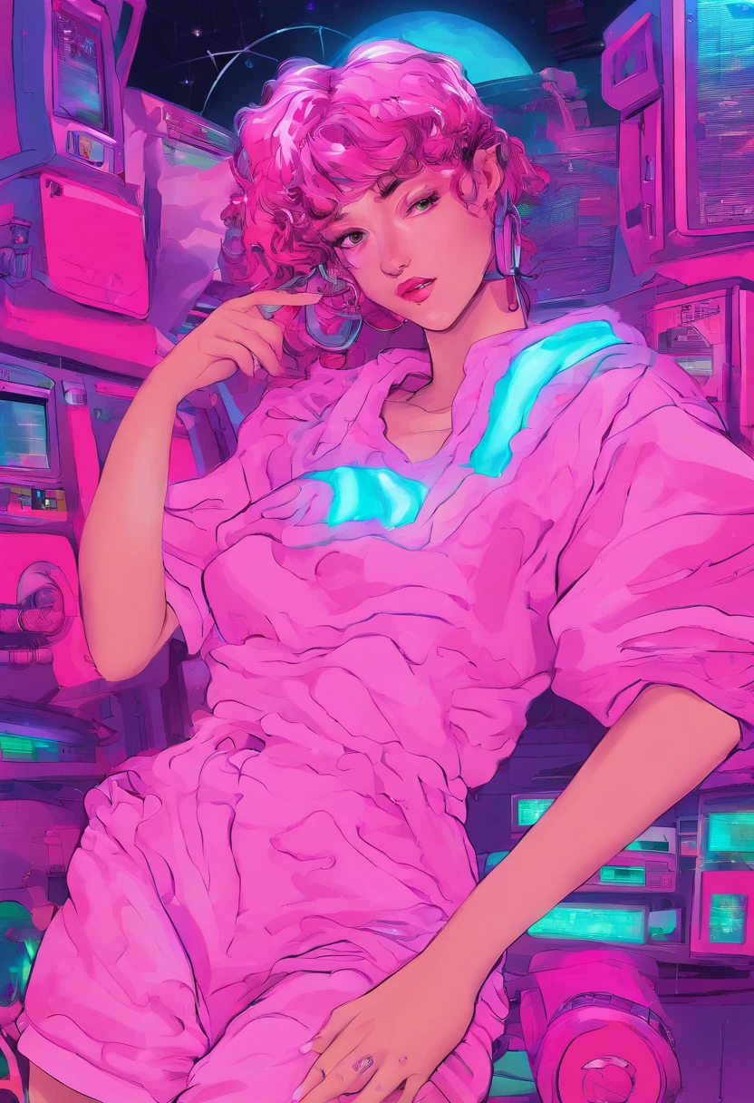 "Create a vivid and captivating description of a young girl, peacefully laying on a bed, dressed in a delicate pink nightdress. Use your words to paint a picture of the scene, invoking a sense of tranquility, innocence, and perhaps a hint of dreams and imagination. You have the creative freedom to bring this moment to life."