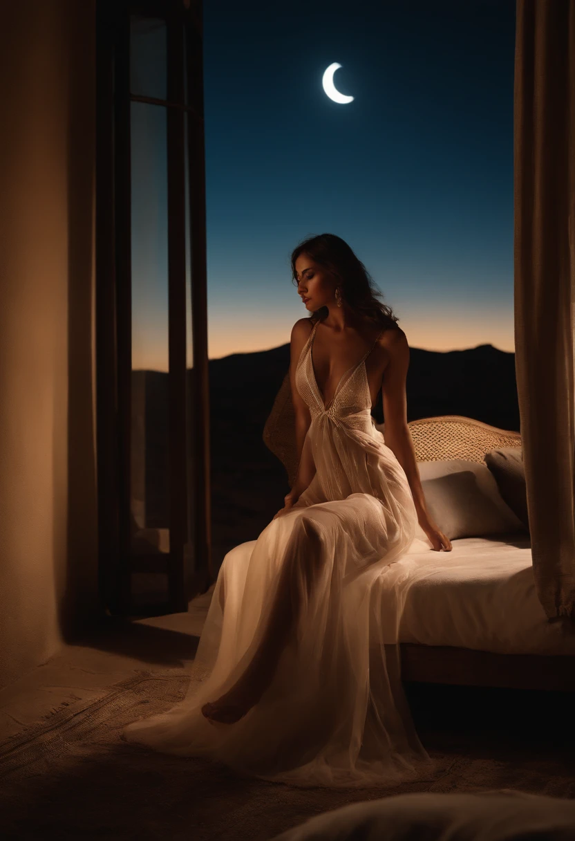 A seductive and sensual scene featuring a woman lying on a bed, dressed in see-through clothing, illuminated by the soft glow of the moonlight. The setting is at night, with a window overlooking a mysterious desert landscape. The woman exudes an air of allure and confidence as she poses on the bed with elegance and grace. The composition emphasizes her enticing silhouette against the backdrop of the moonlit desert. The image captures the mood of sensuality and intrigue, with a focus on the woman's alluring presence. The details of the see-through clothing and the delicate play of light and shadow add to the overall aesthetic. no wear, nude