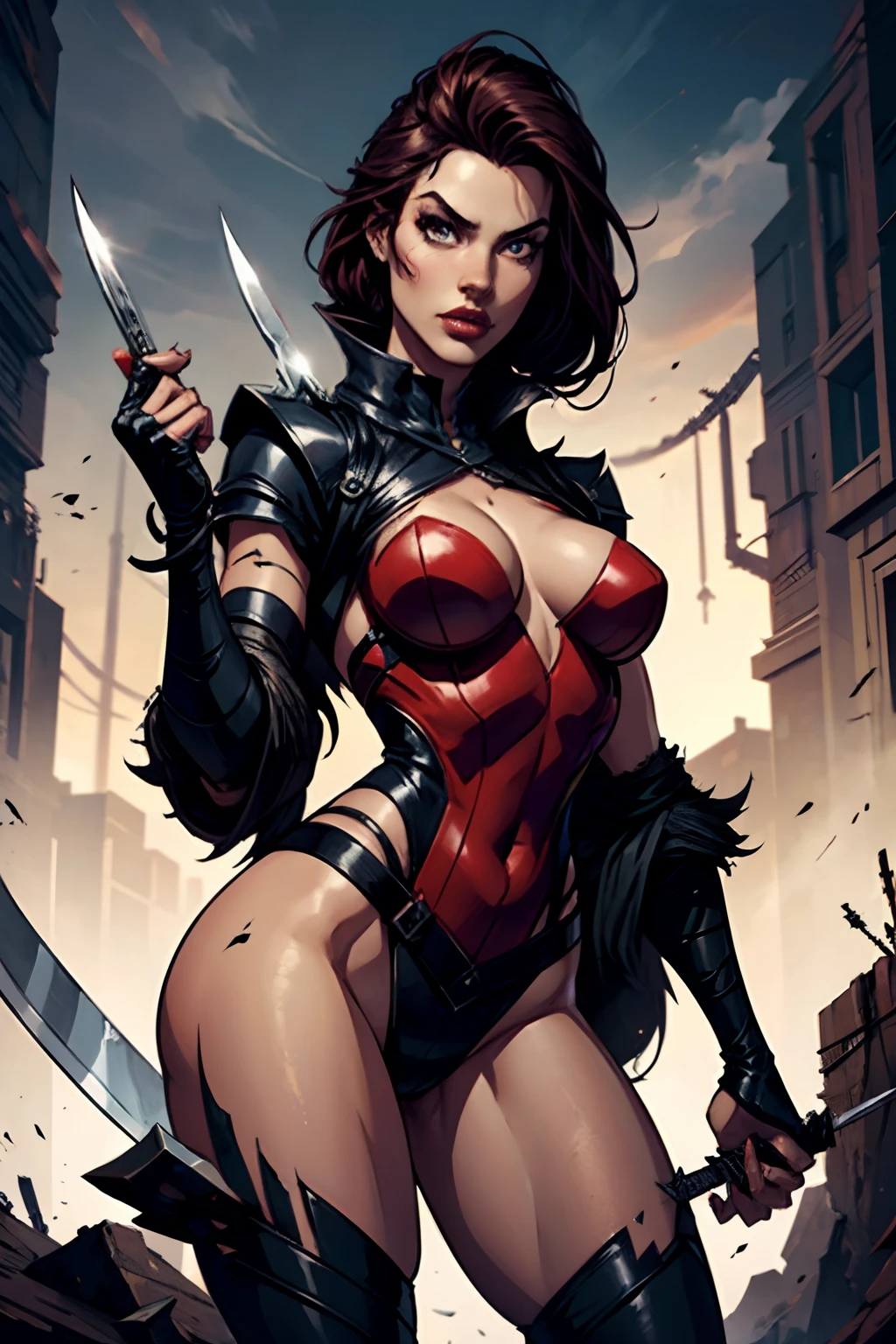 Girl standing in an epic pose, The girl has knives in her hands, Girl holding knives in epic pose, gaze at the viewer
